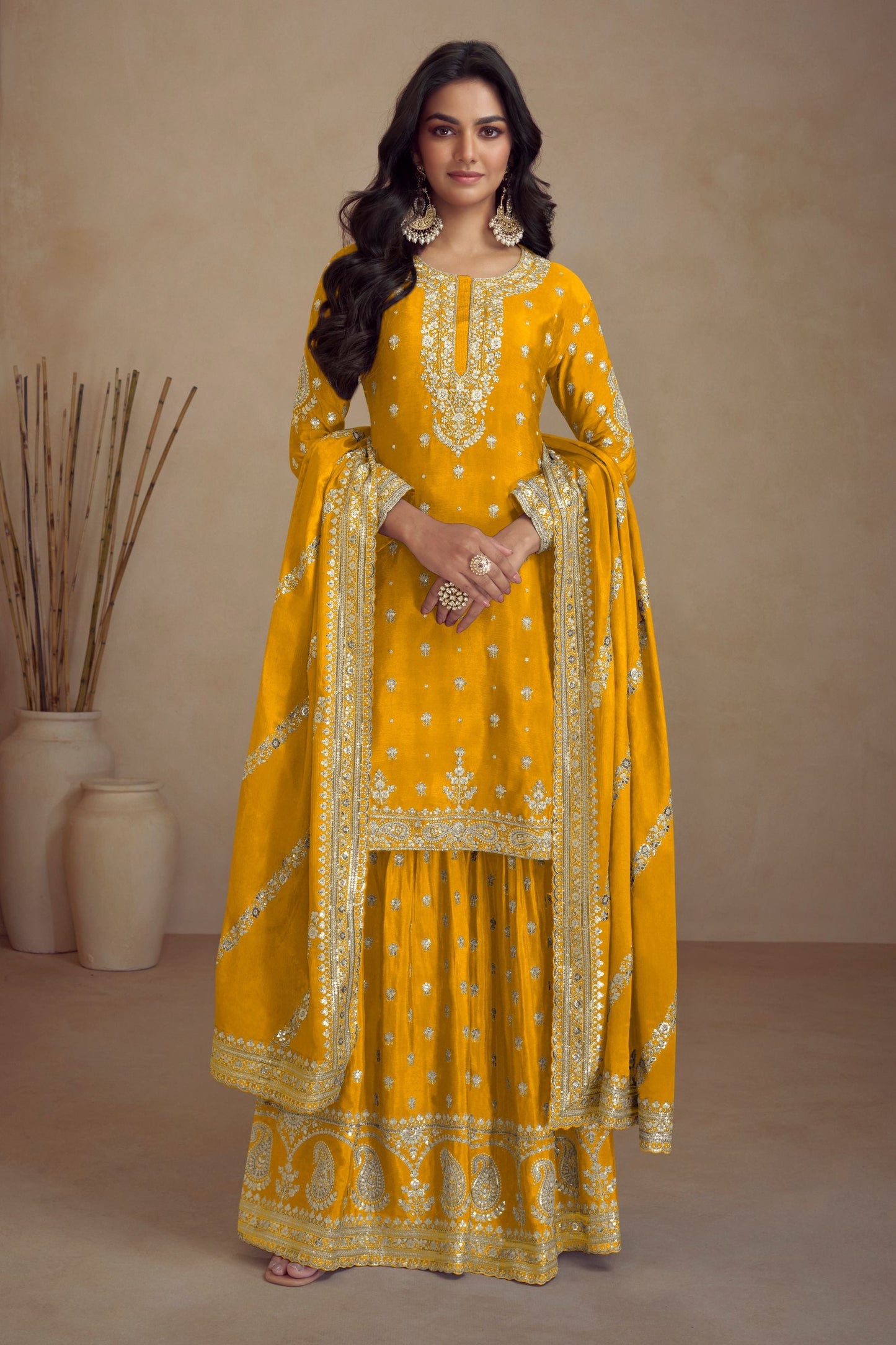 Yellow Chinon Silk Plazo Suit For Weddings & Festival - Embroidery Work