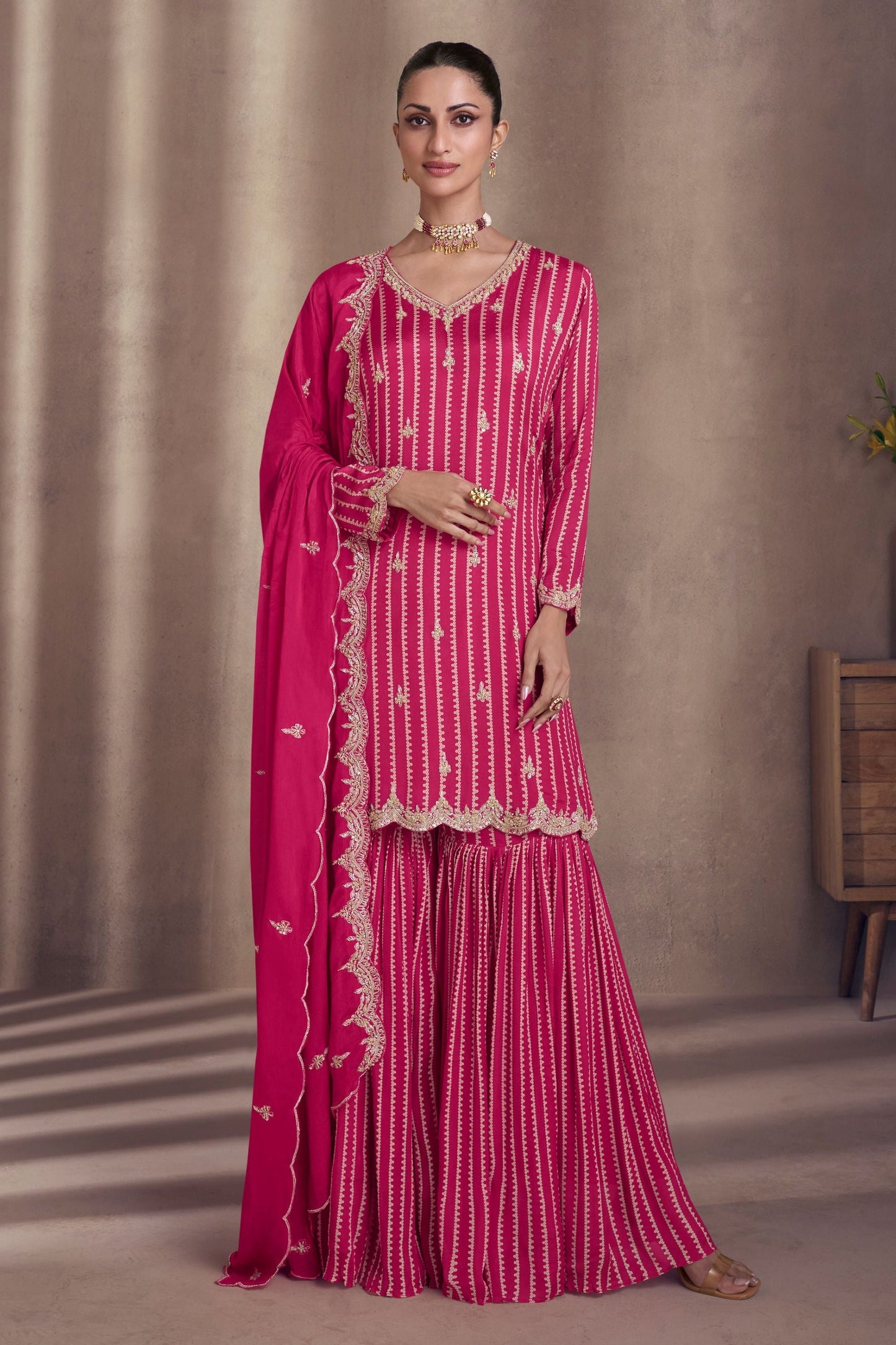 Pink Chinon Silk Sharara Suit - Embroidery Work