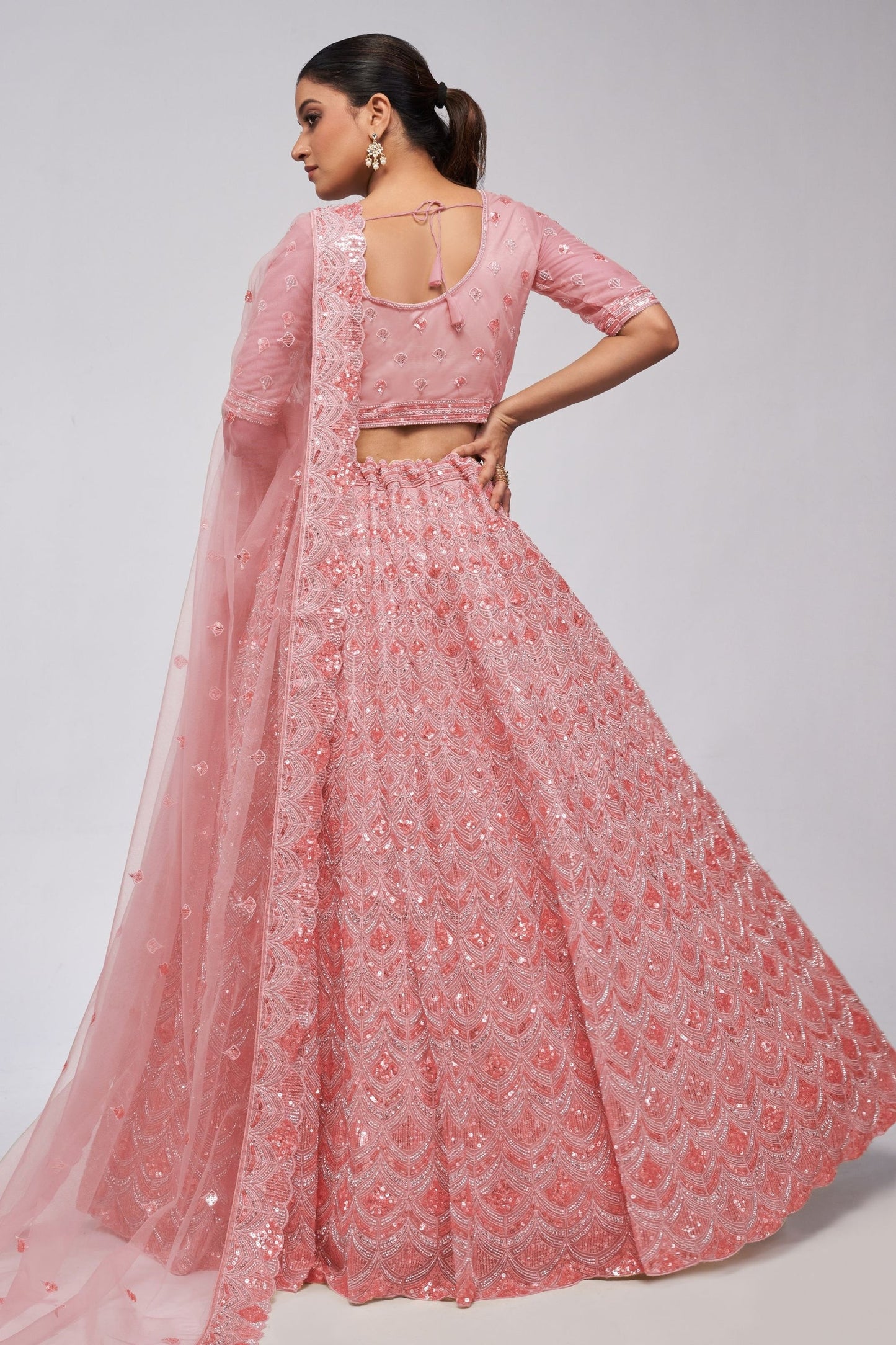 Odette Pink Net Lehenga Choli For Festivals & Weddings - Sequence Embroidery Work, Bead Work, Zarkan Work
