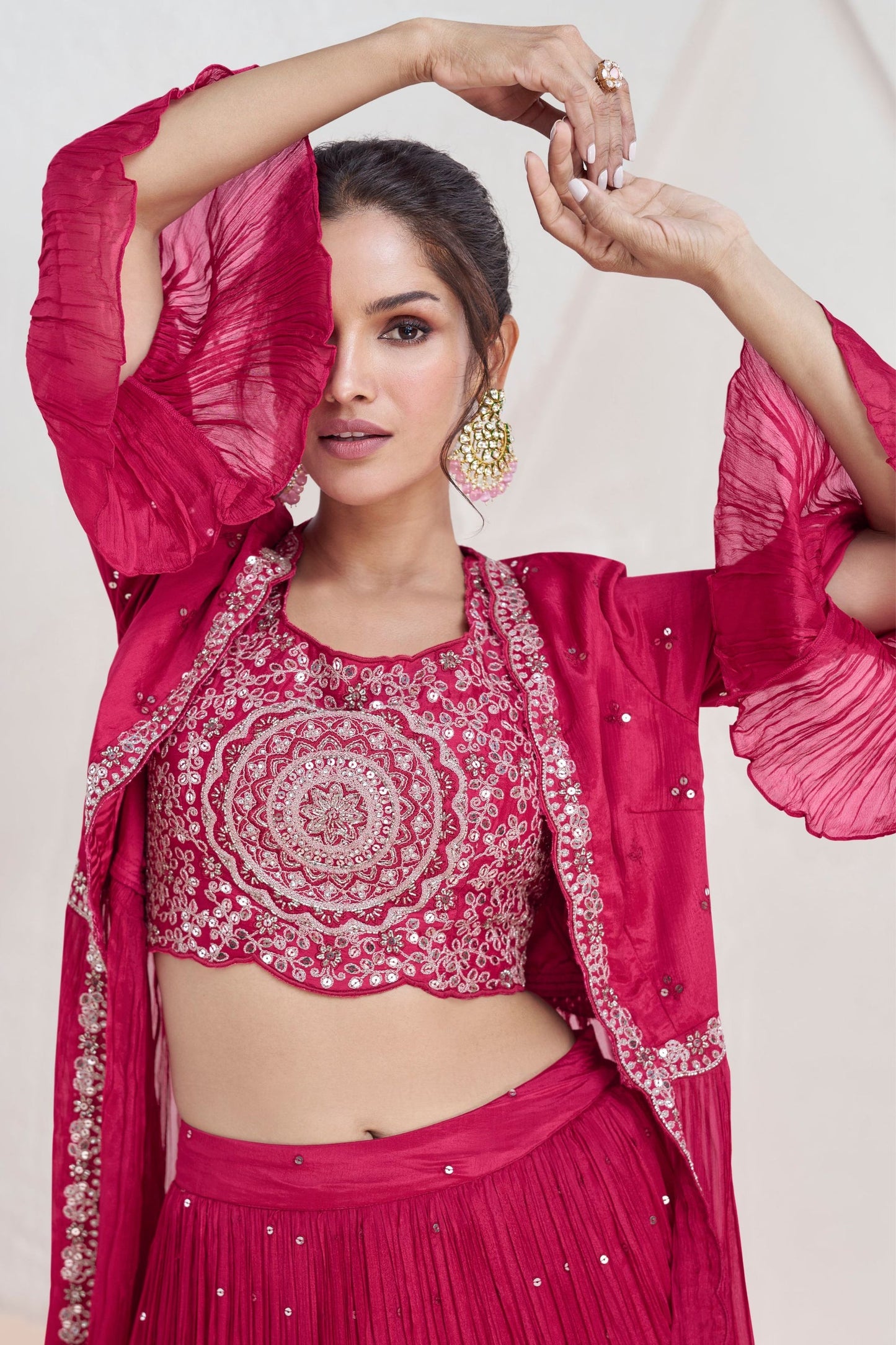 Reddish Pink Georgette Lehenga Choli with Koti For Wedding & Festival - Embroidery Work
