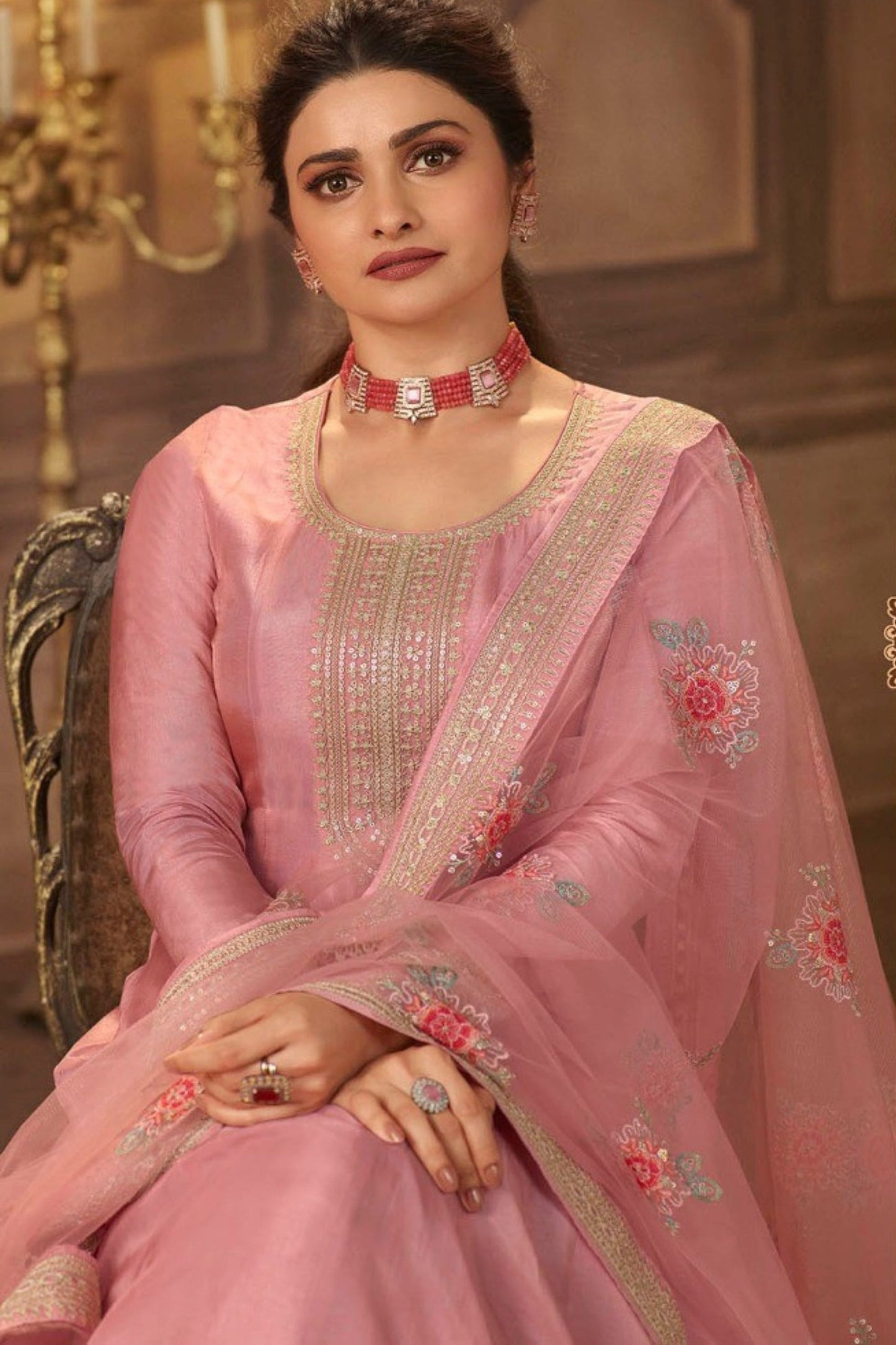 Light Pink Dola Silk Full Floor Length Anarkali Suit For Festivals & Wedding - Embroidery Work