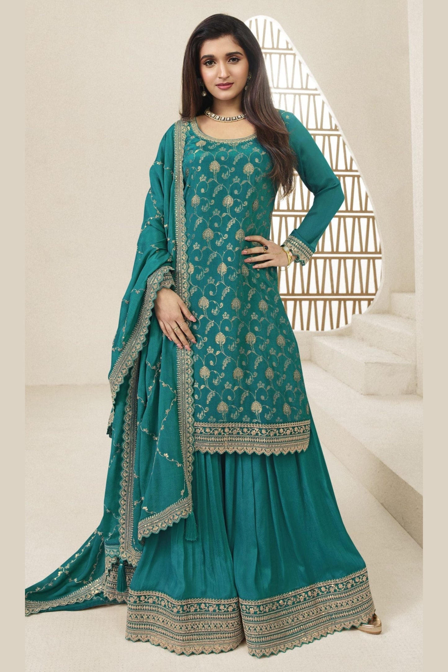 Turquoise Jacquard Silk Palazzo Suit Plazo Weddings Dress - Embroidery Work