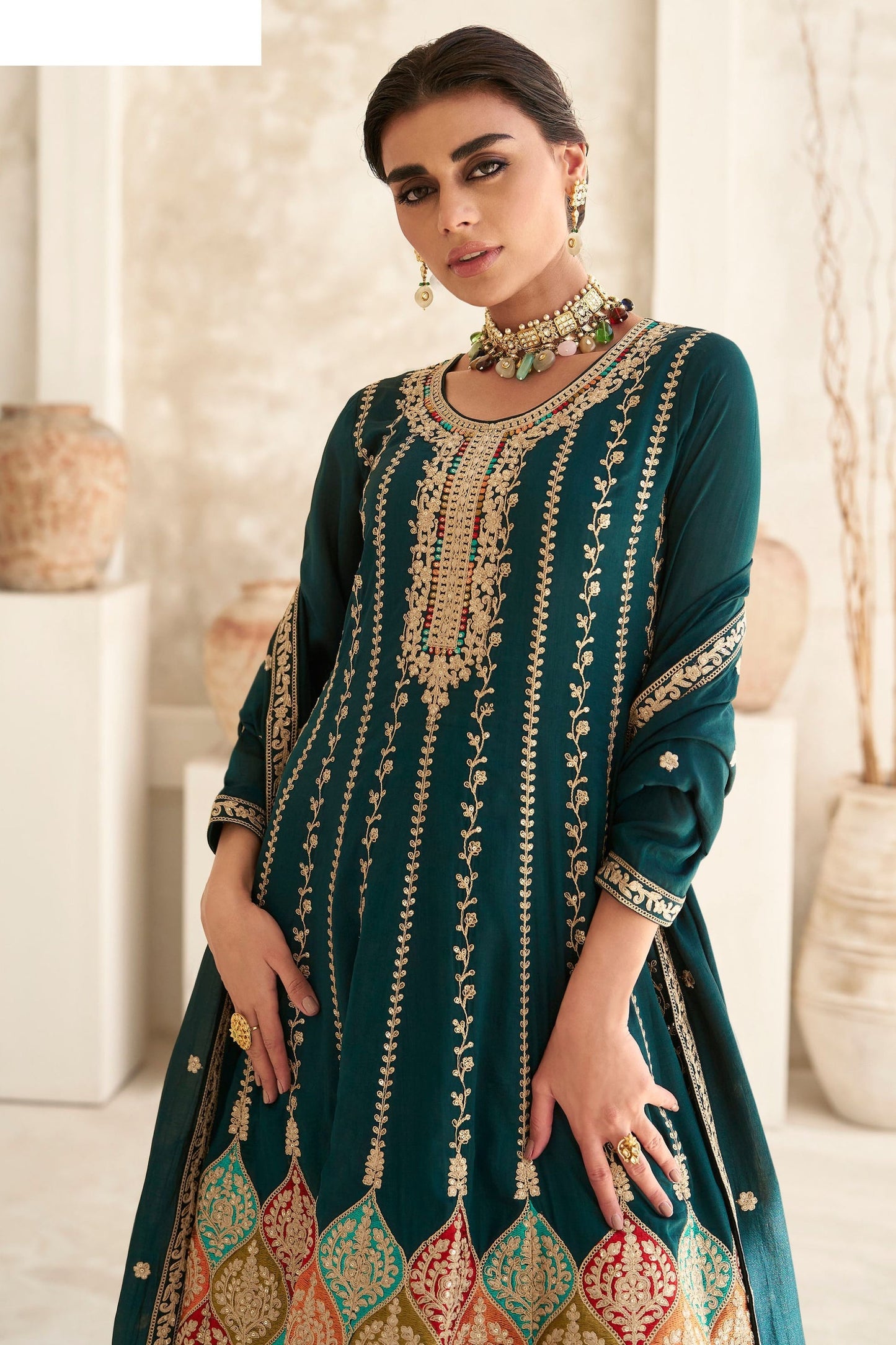 Teal Grean Chinon Silk Salwar suit - Thread Embroidery Work