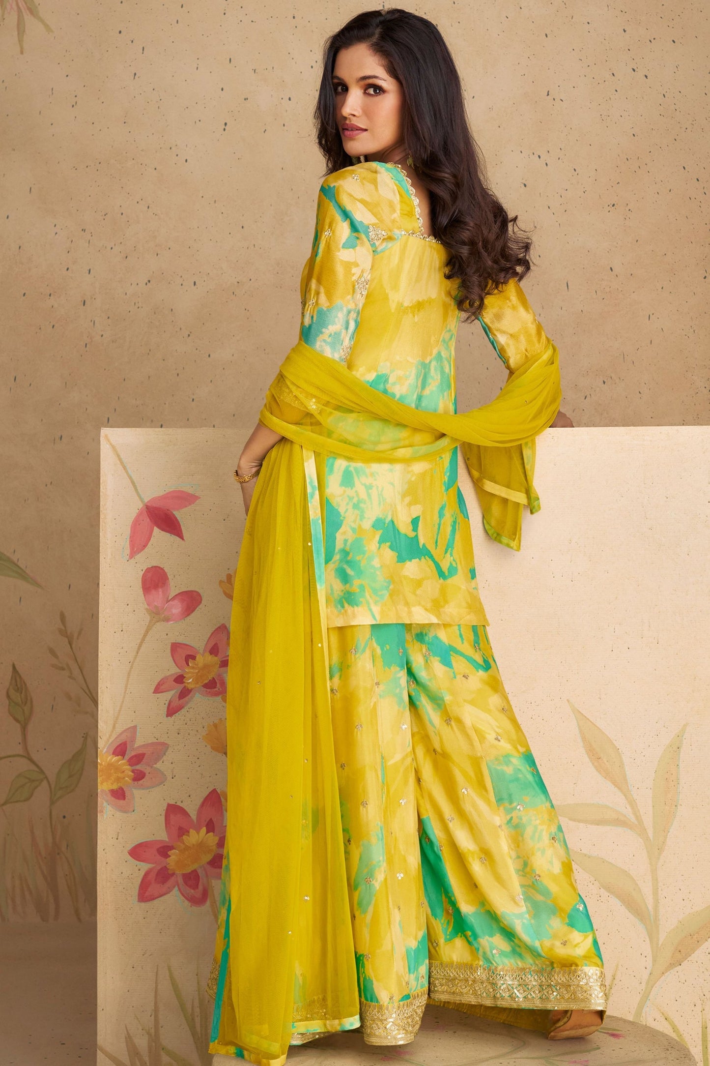 Parrot Green Chinon Silk Flower Printed Plazo Suit for Indian Partywear & Weddings - Print Work, Embroidery Work