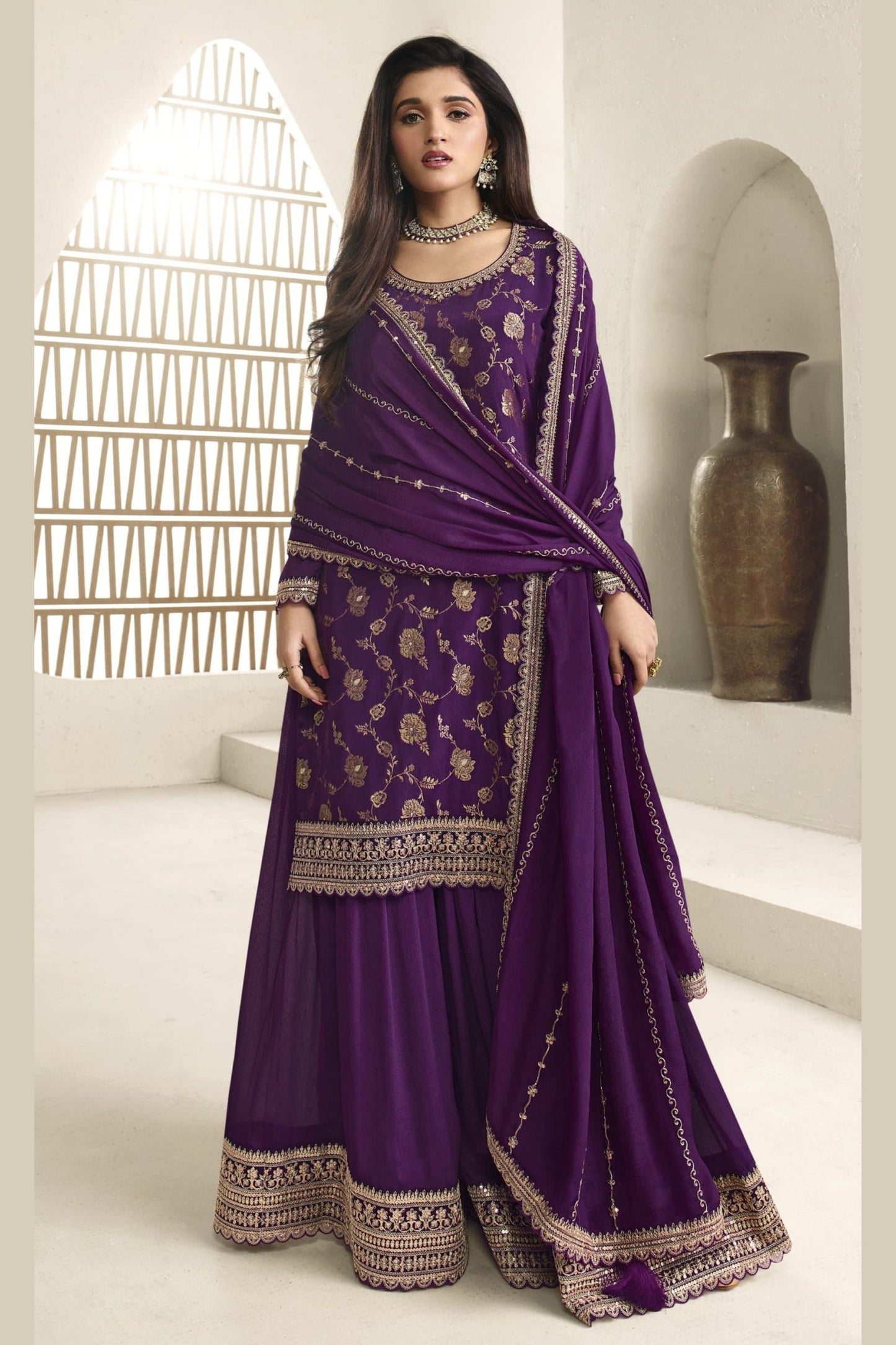 Purple Jacquard Silk Palazzo Suit Dress - Embroidery Work