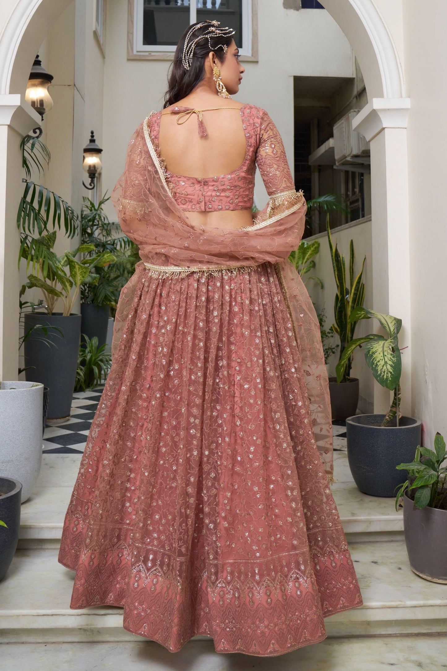 Peach Net Embroidered Lehenga Choli For Festival & Weddings - Embroidery Work