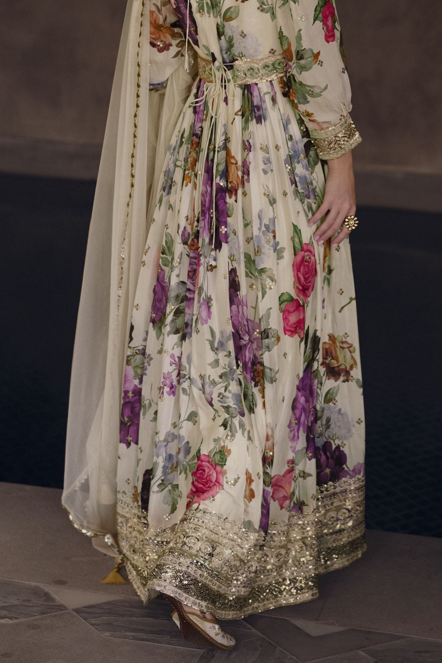 White Georgette Floor Full Length Flower Printed Anarkali Gown For Festivals & Weddings - Embroidery Work, Print Work