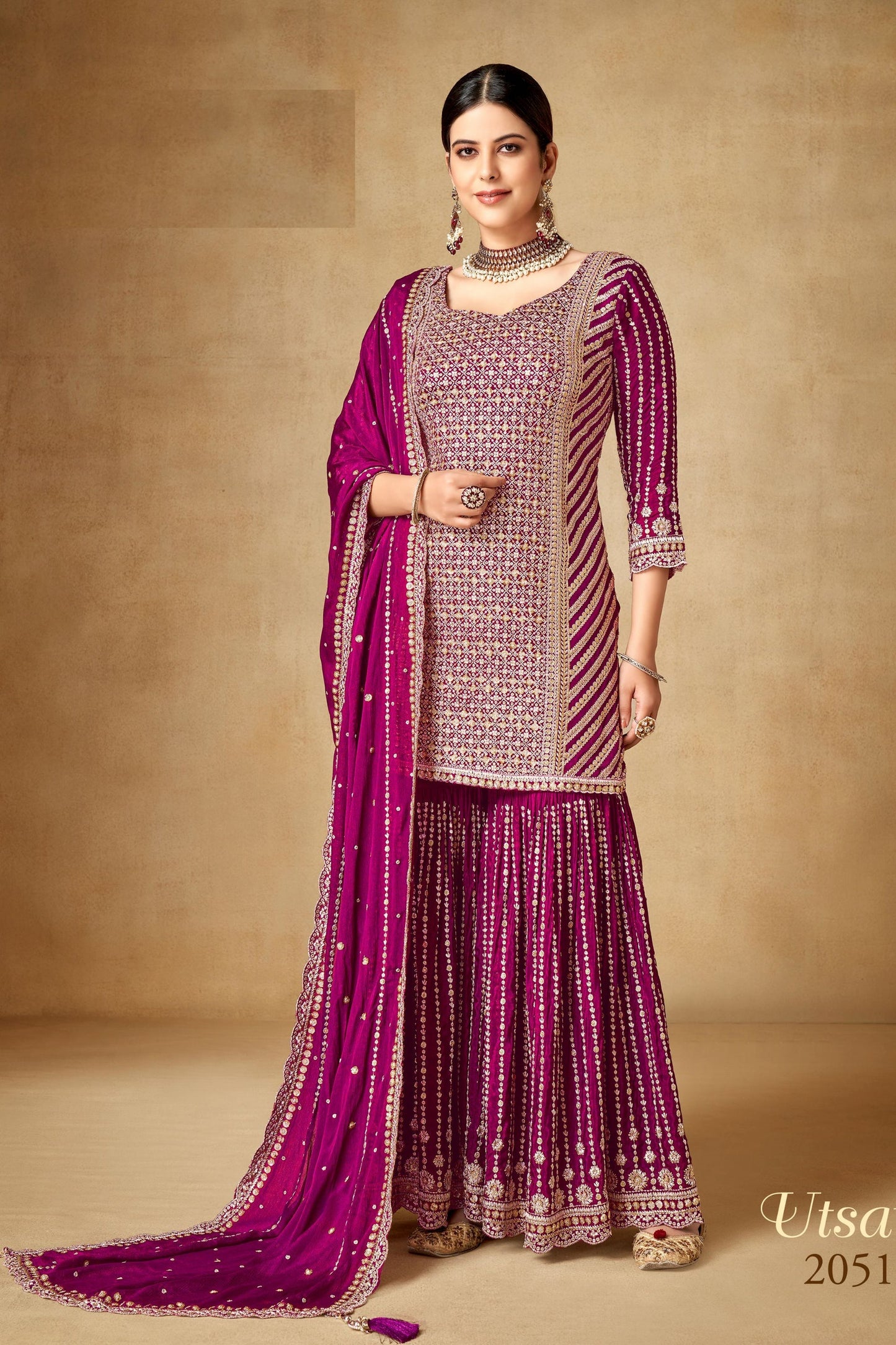 Pink Chinon Silk Sharara Suits - Sequence Embroidery Work, Zari Work