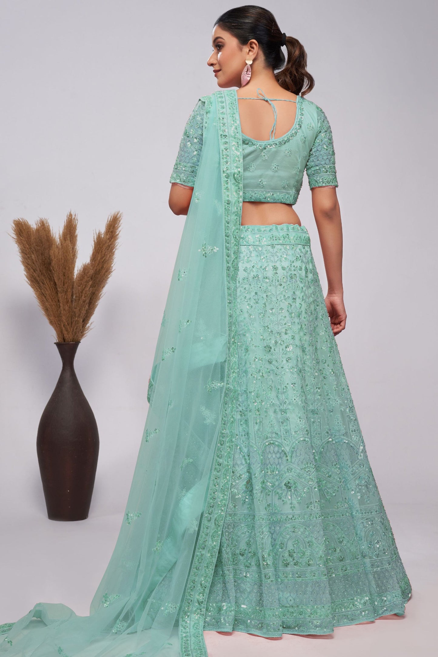 Seafoam Green Net Lehenga Choli For Festivals & Weddings - Sequence Embroidery Work, Bead Work
