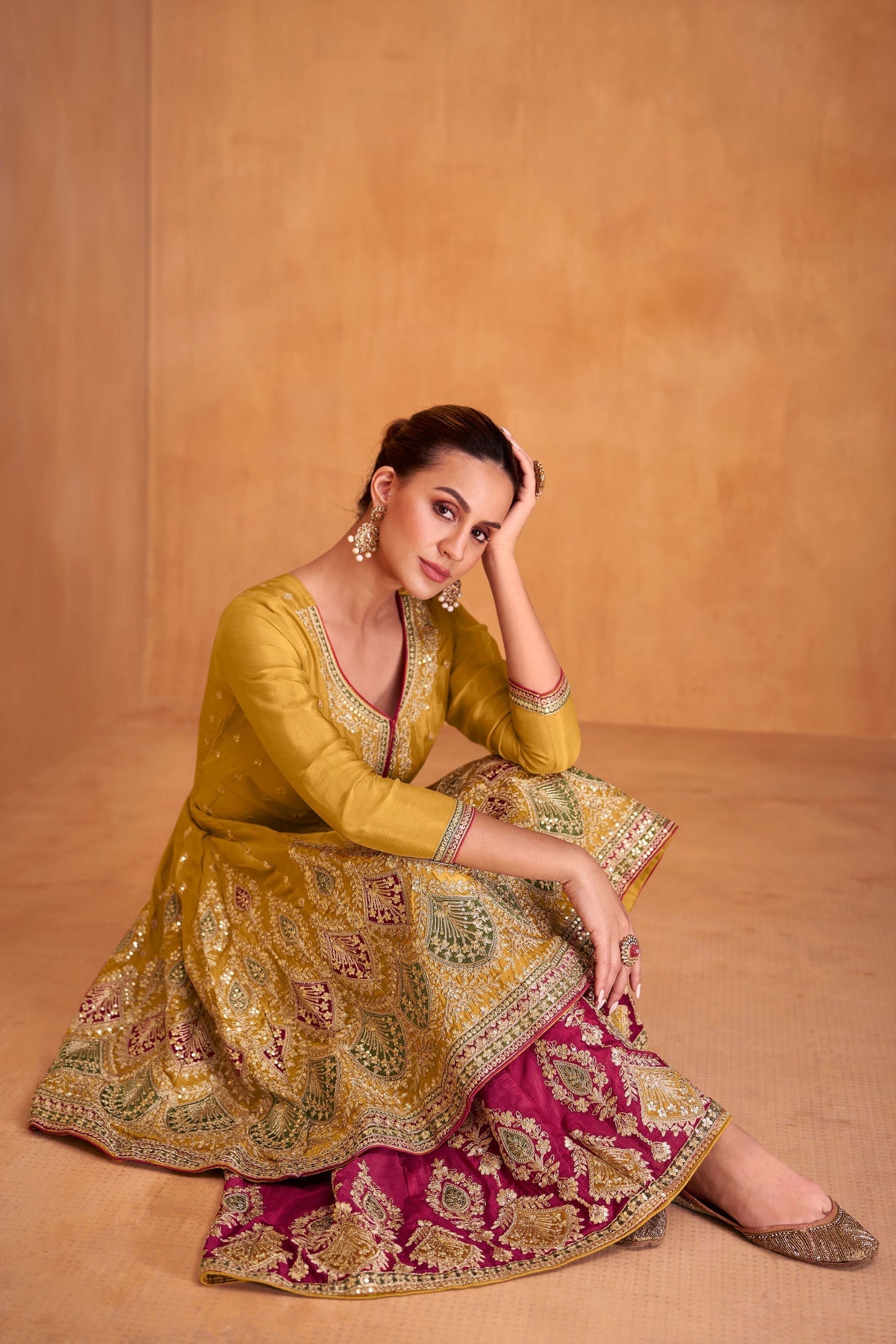 Mustard Chinon Silk Plus Size Plazzo Suit For Indian Festivals & Weddings - Embroidery Work