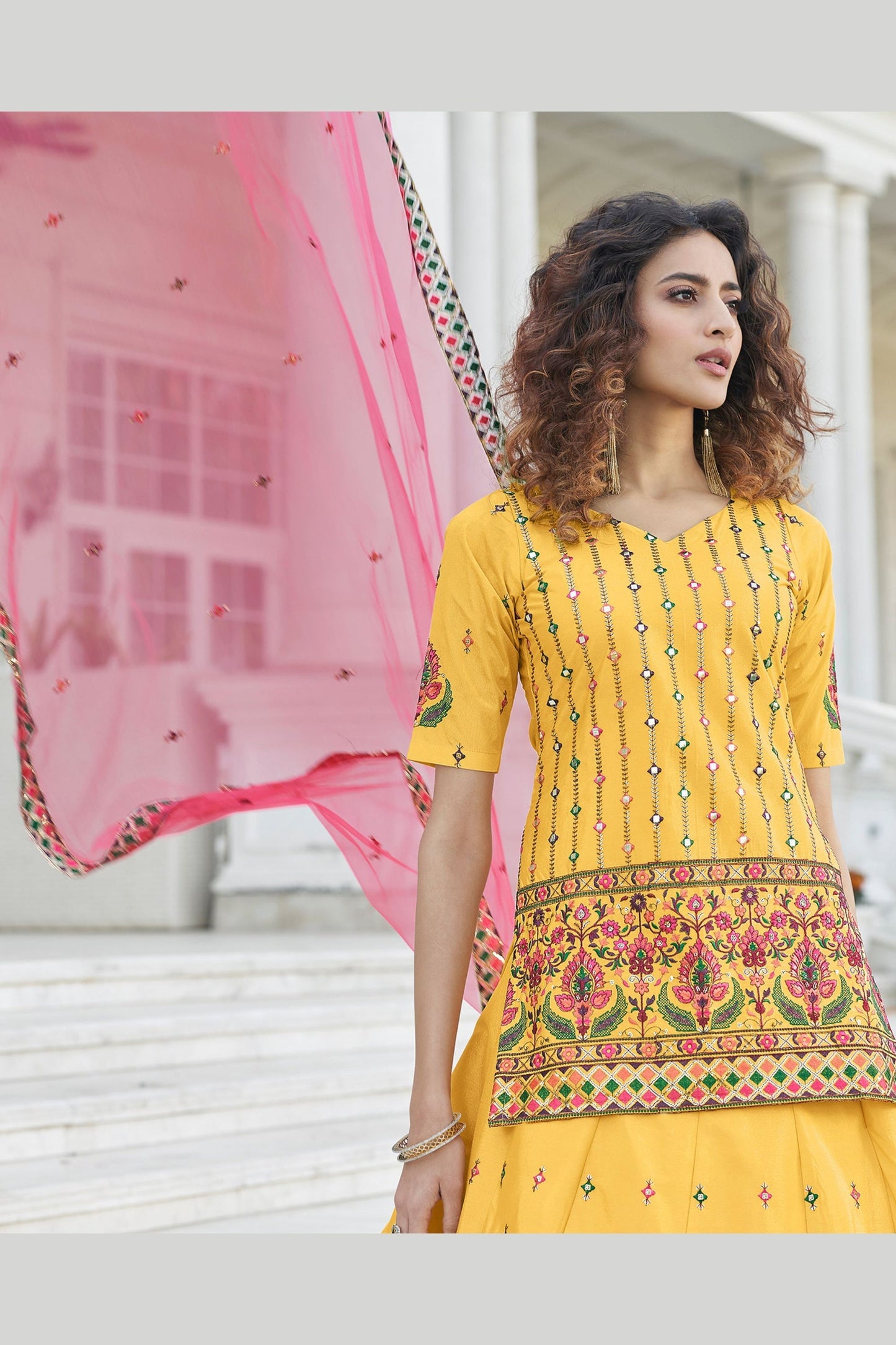 Yellow Chinon Lehenga Choli For Festivals & Weddings - Sequence Embroidery Work, Thread Embroidery Work