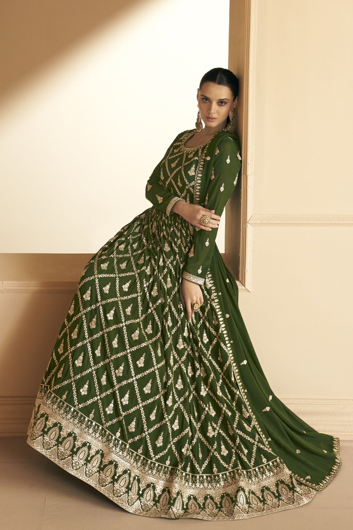 Green Georgette Anarkali Gown For Festivals & Weddings - Thread Embroidery Work