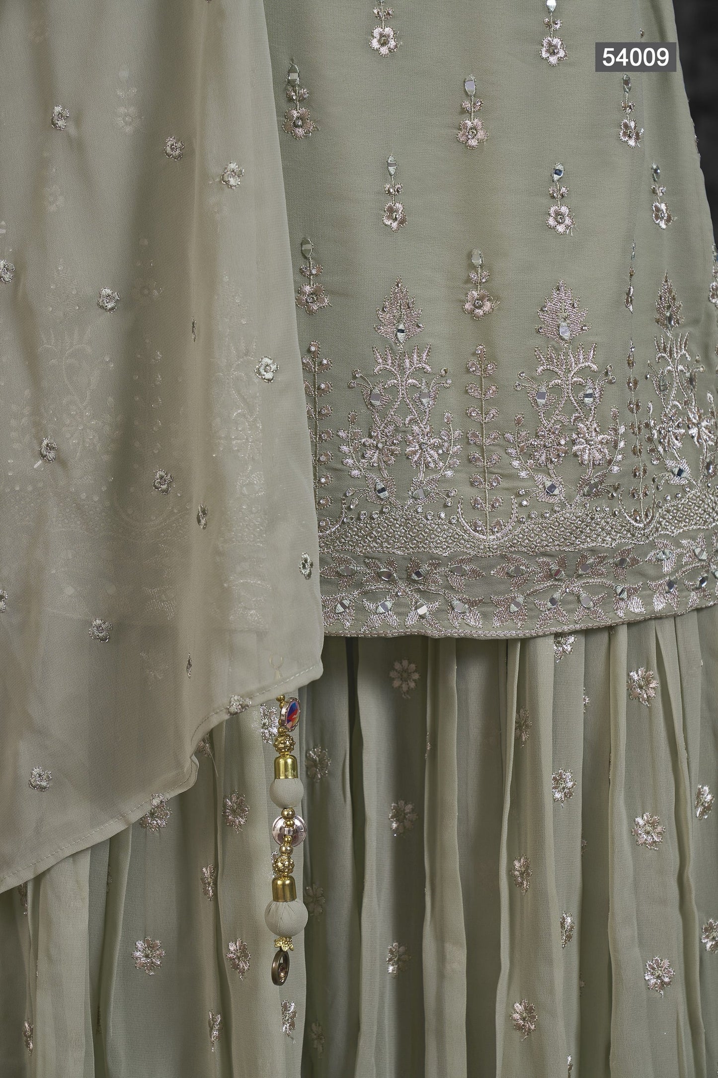 Pista Georgette Sharara suit - Thread Embroidery Work, Mirror Work, Zari Work, Zarkan Work