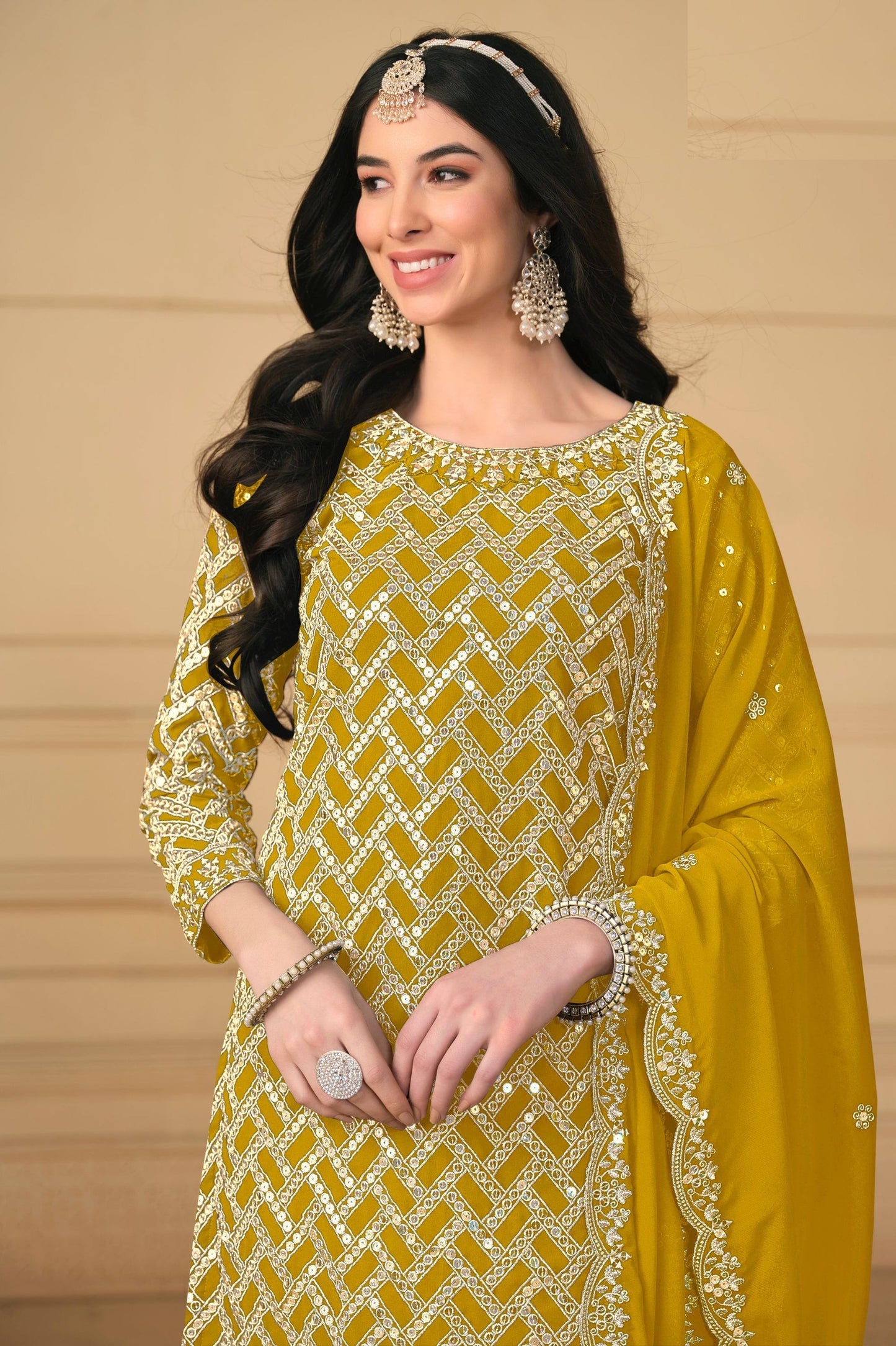 Golden Georgette Sharara Suit - Embroidery Work