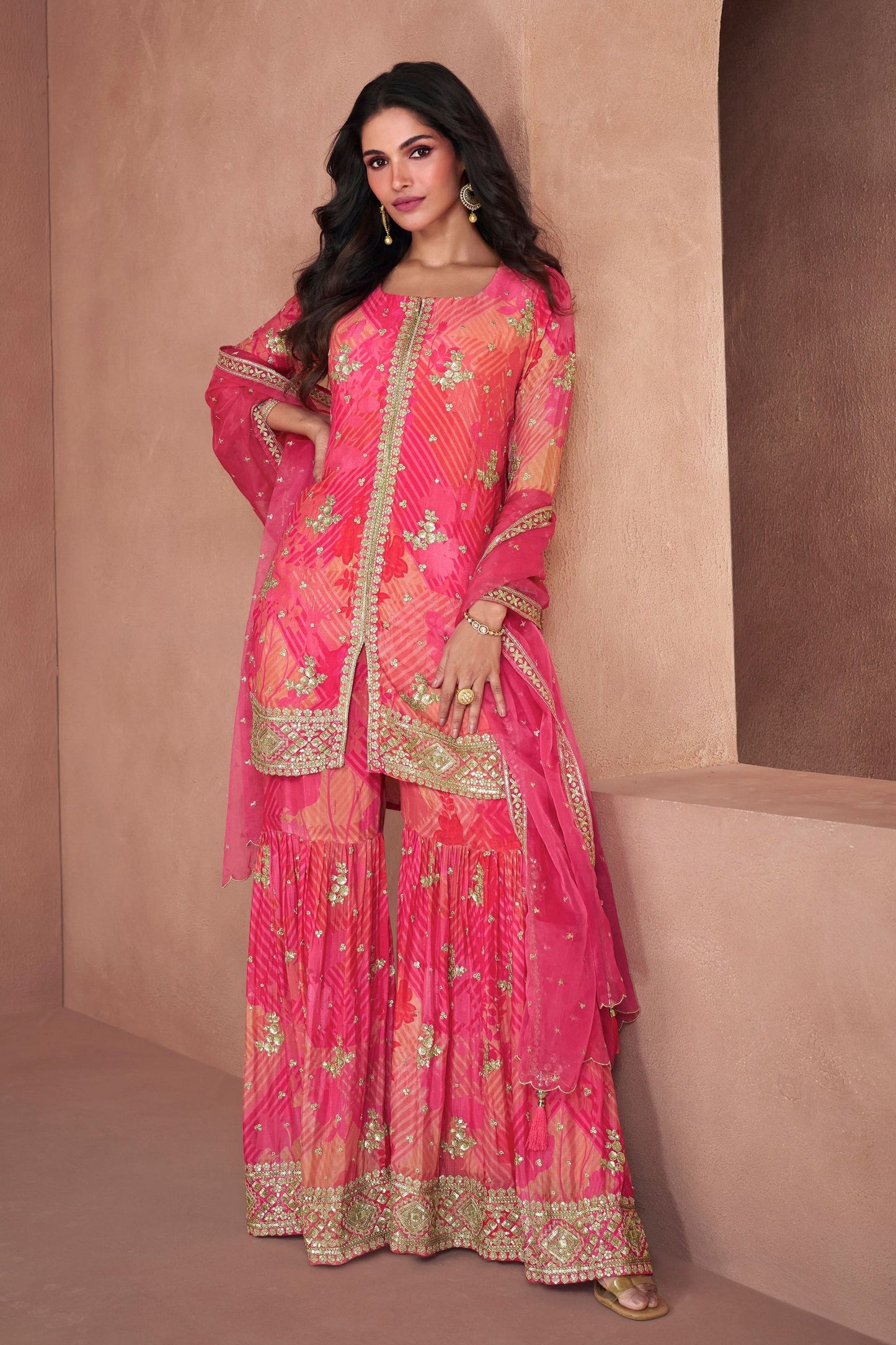 Pink Georgette Organza Sharara Suit - Print Work, Thread Embroidery Work
