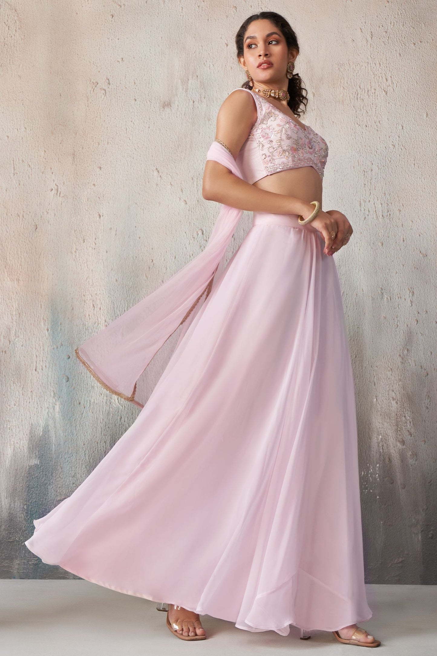 Light Pink Georgette Sleeveless Lehenga Choli For Festivals & Weddings - Khatli Work, Sequence Embroidery Work, Resham Work, Cut Dana Work, Moti Work