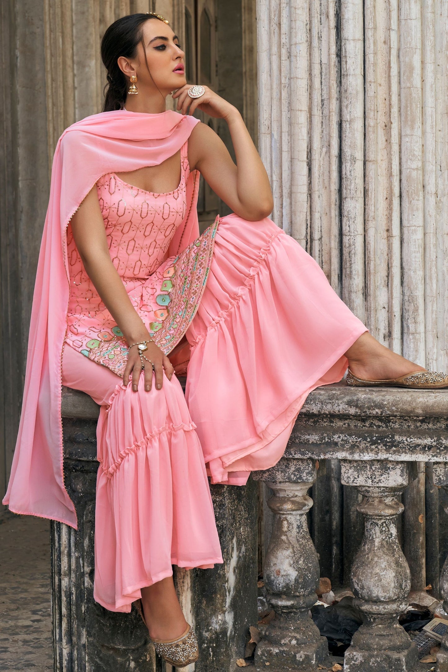 Baby Pink Georgette Sharara Suit - Thread & Sequence Embroidery Work