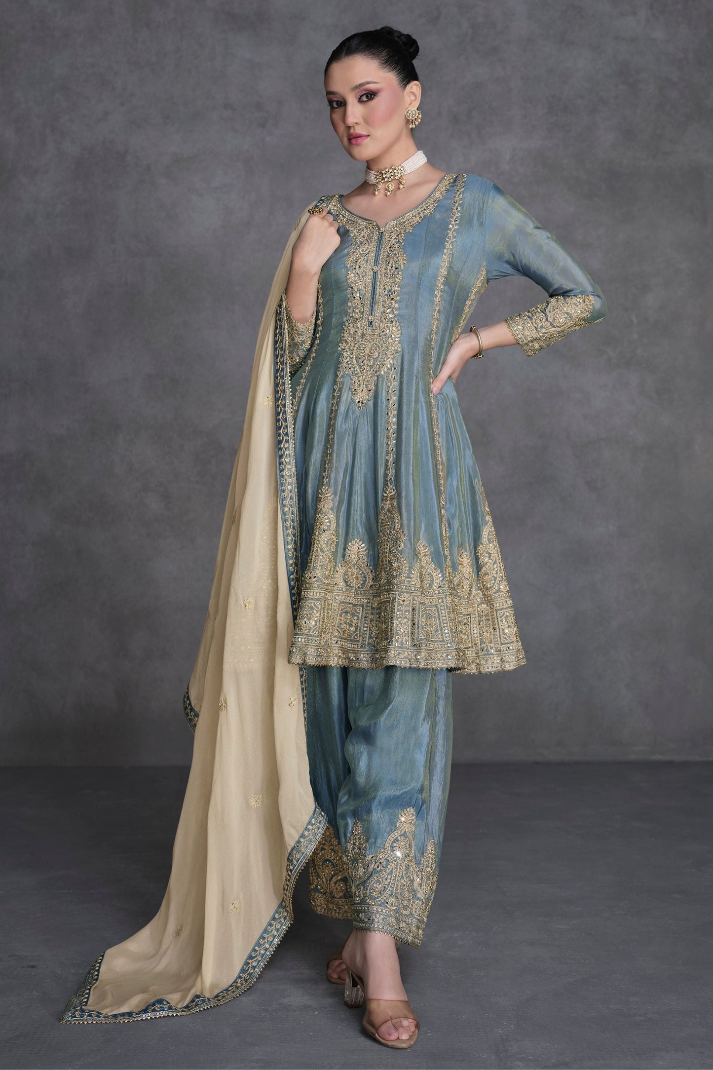 Grey Organza Salwar suit - Embroidery Work