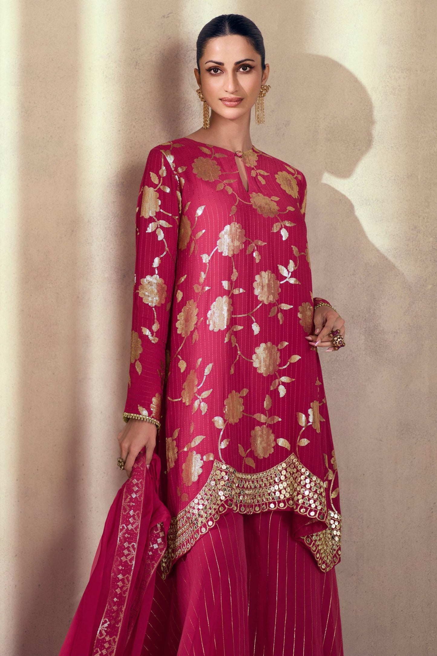 Dark Pink Georgette Plazo With Kameez Suit - Embroidery Work