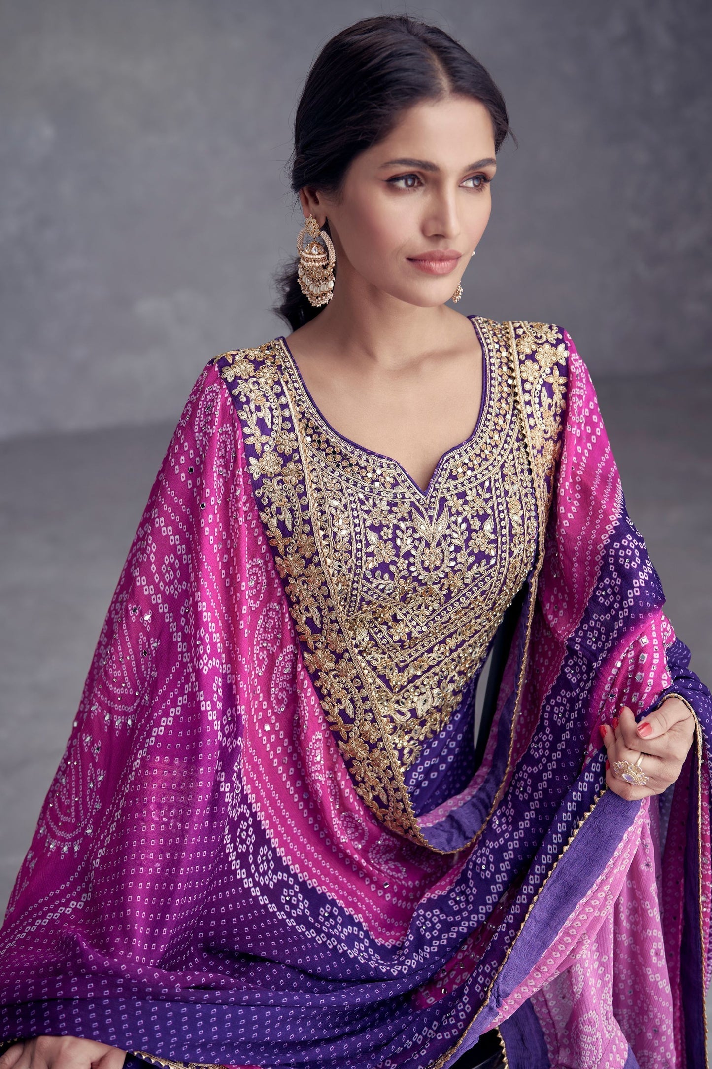 Blue Chinon Silk Bandhani Style Patter Palazzo Suit For Indian Festivals & Weddings - Embroidery Work, Mirror Work, Print Work