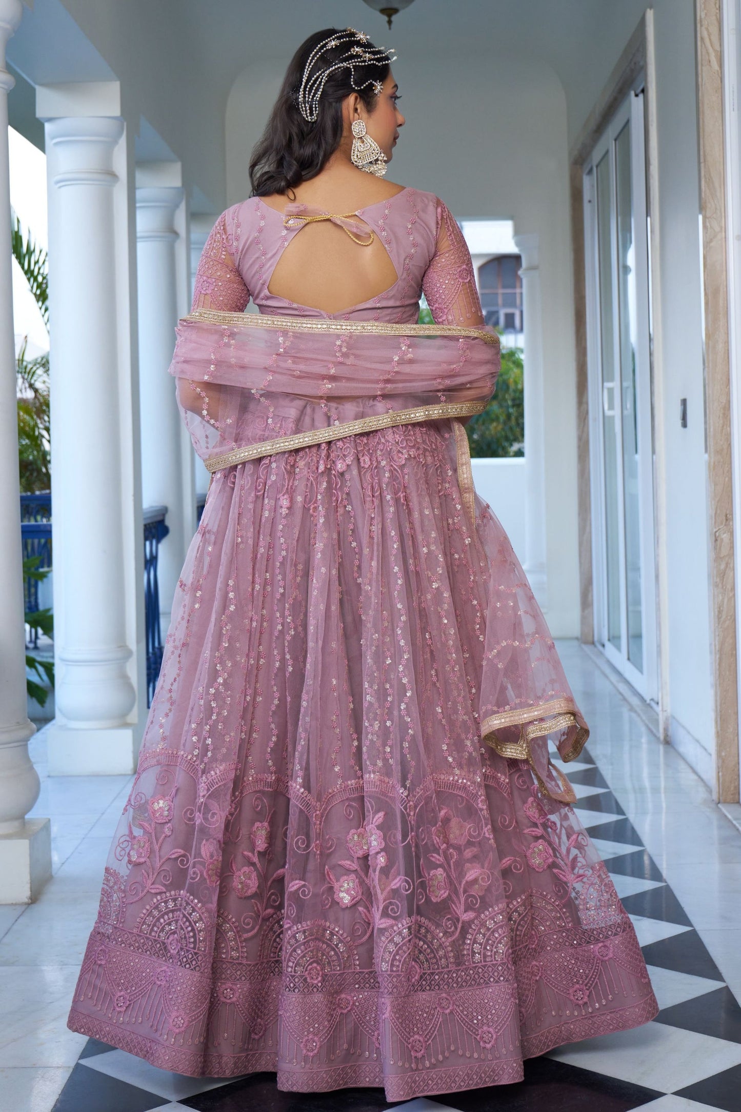 Blush Pink Net Embroidered Lehenga Choli For Festival & Weddings - Embroidery Work