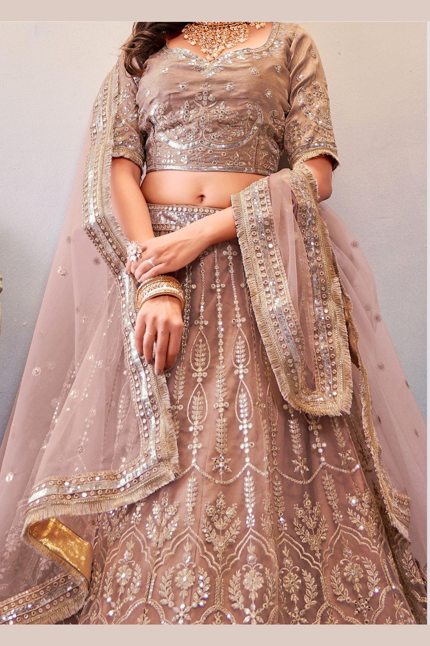 Tan Color Georgette Lehenga Choli For Festivals & Weddings - Sequence Embroidery Work