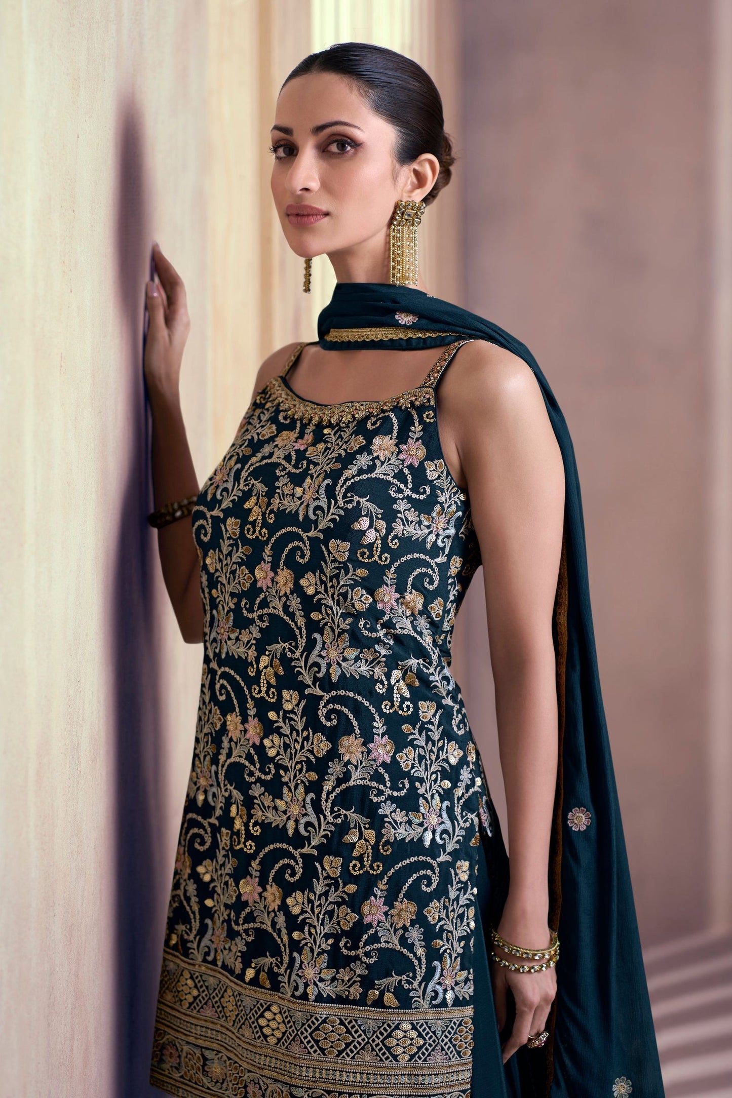 Navy Blue Chinon Silk Palazzo Suits for Festival & Wedding - Embroidery Work