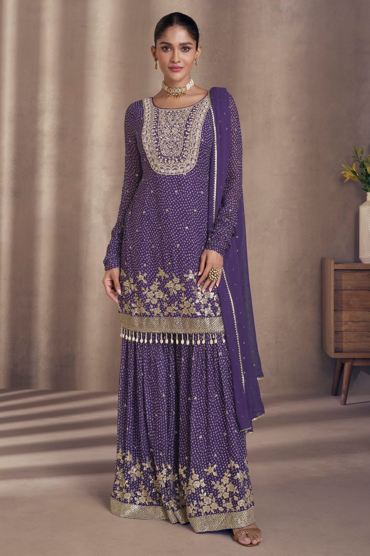 Purple Chinon Silk Sharara Suit - Embroidery Work