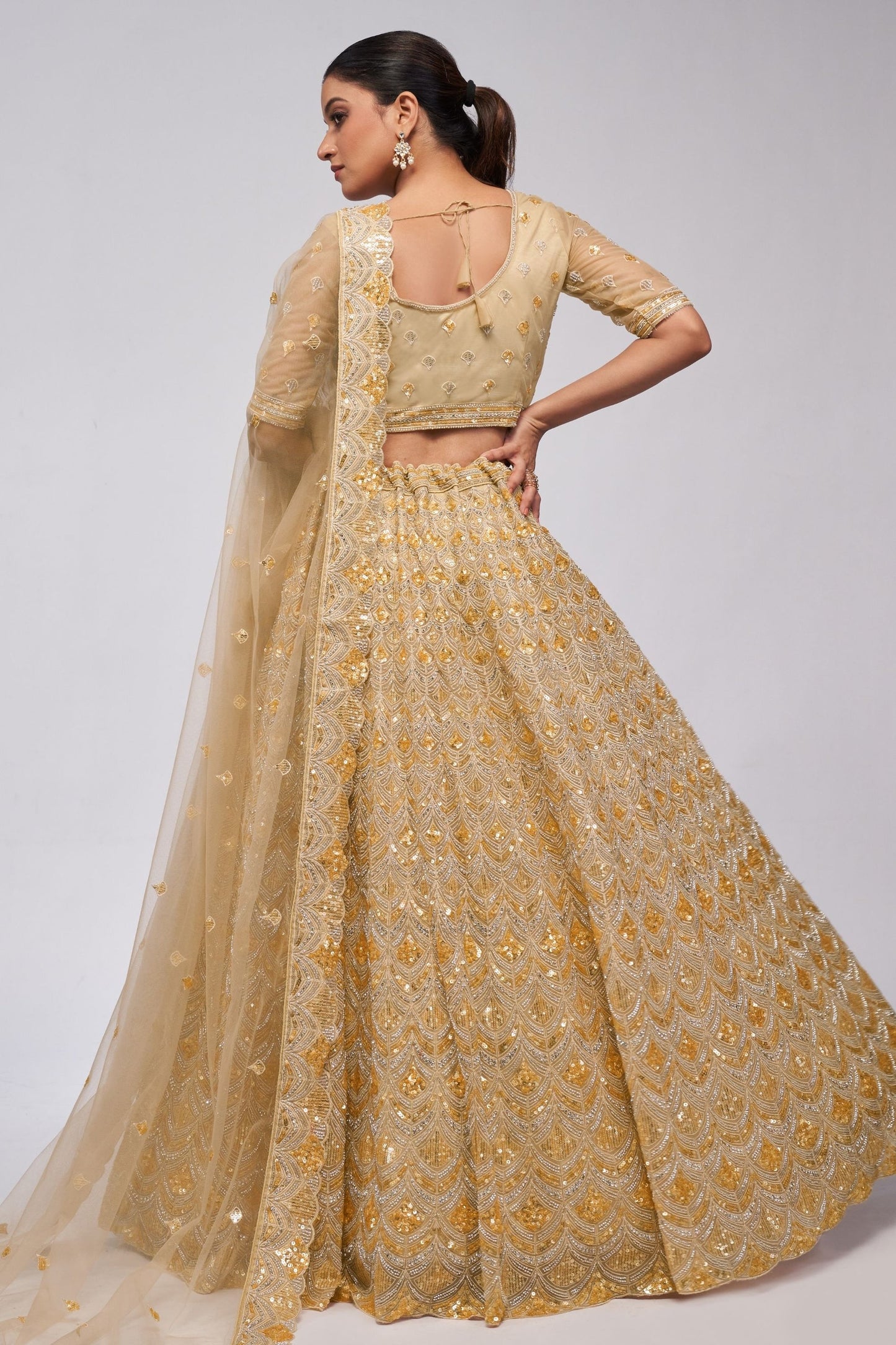 Gold Net Lehenga Choli For Festivals & Weddings - Sequence Embroidery Work, Bead Work, Zarkan Work