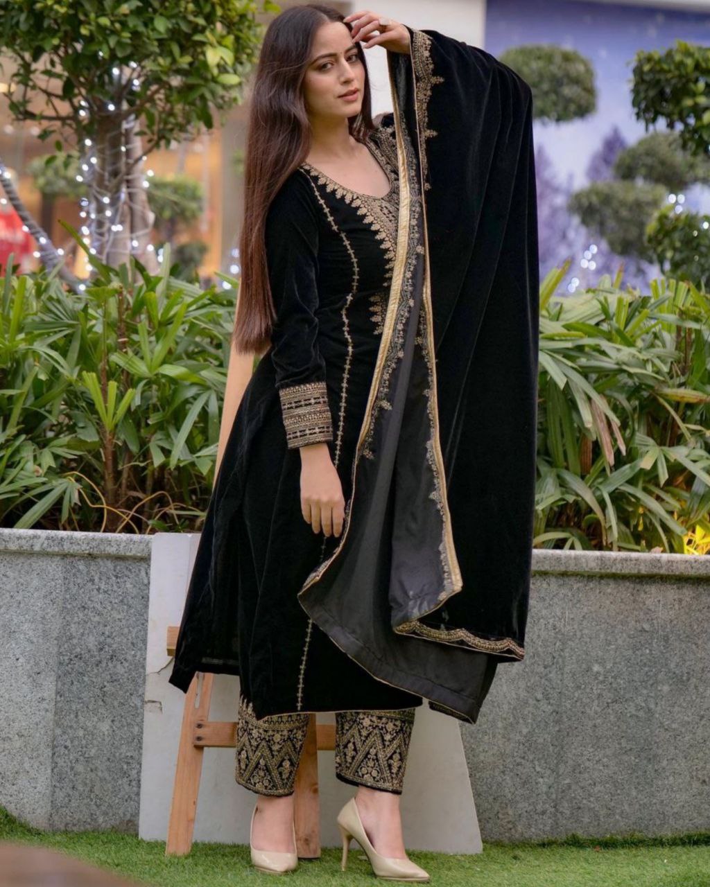 Alluring Black Micro Velvet Embroidery Work Pant Suit With Georgette Dupatta