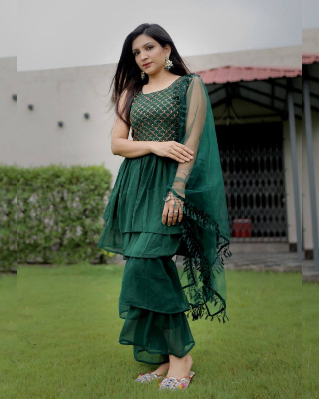 Green Heavy Georgette Thread Work Sharara Suit With Dupatta