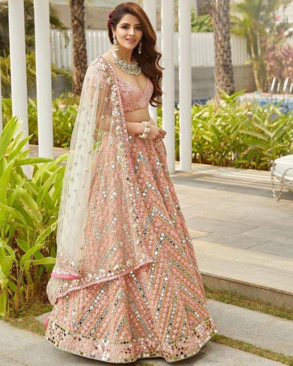 Alluring Rose Gold Tapeta Silk Mirror Work Lehenga Choli With Net Dupatta