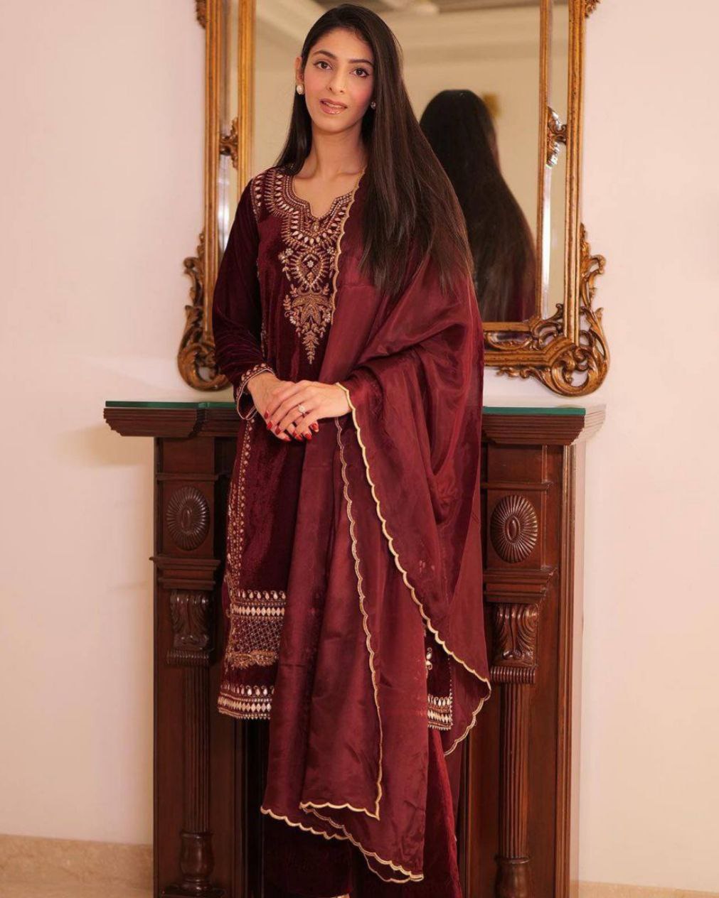 Beautiful Maroon Velvet Fancy Cording Squence Work Pant Suit With Dupatta