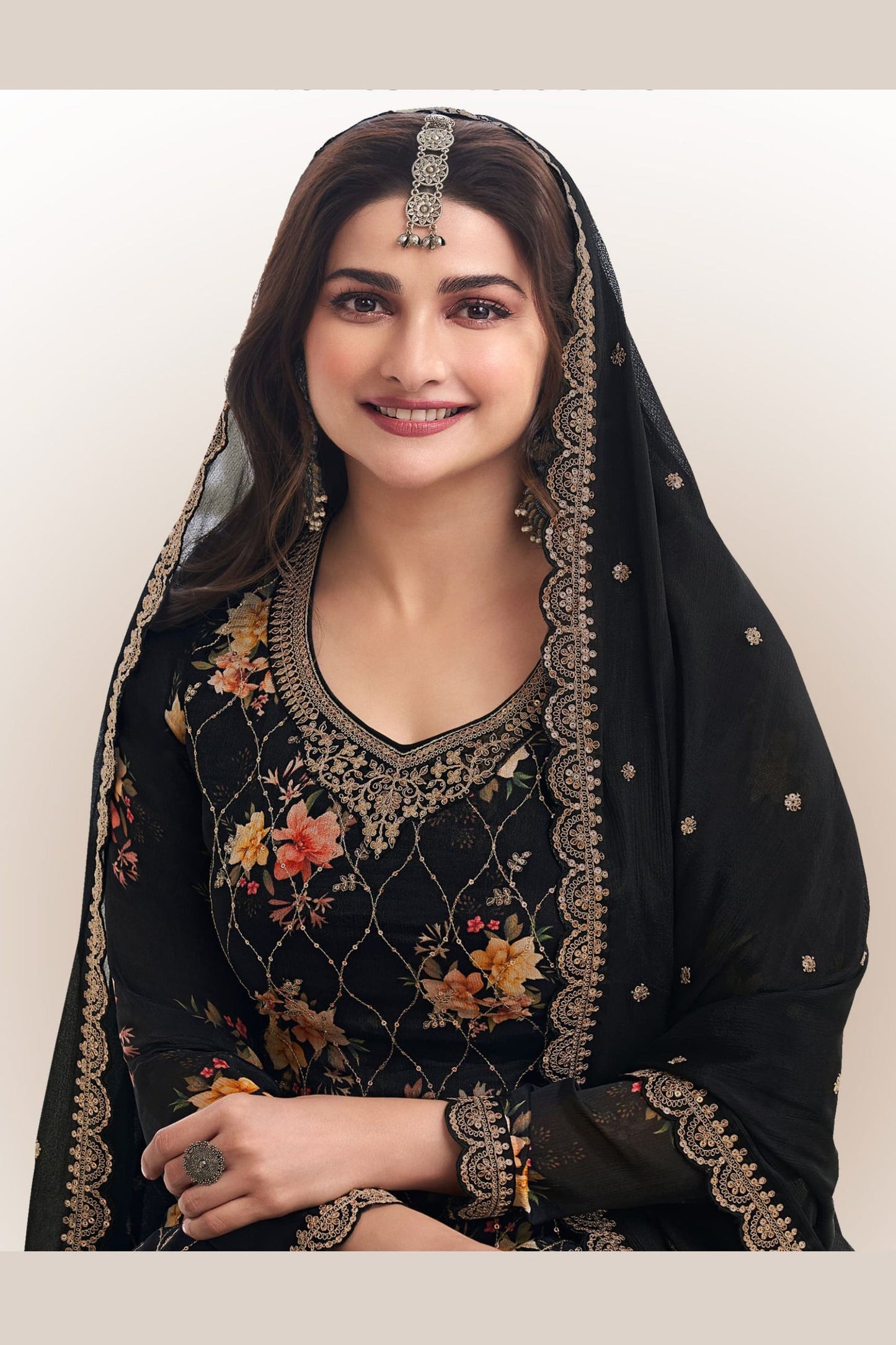 Black Chinon Silk Plus Size Floral Plazo Suit For Indian Festivals & Pakistani Weddings Dress - Embroidery Work, Print Work