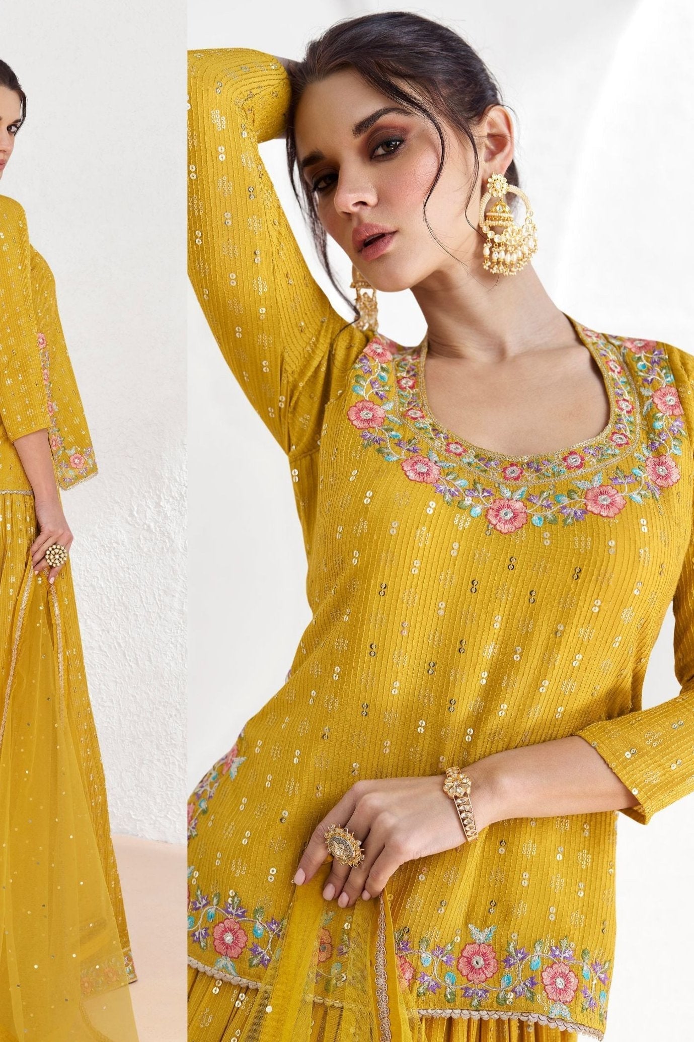 Golden Georgette Lehenga Choli For Wedding & Festival - Embroidery Work