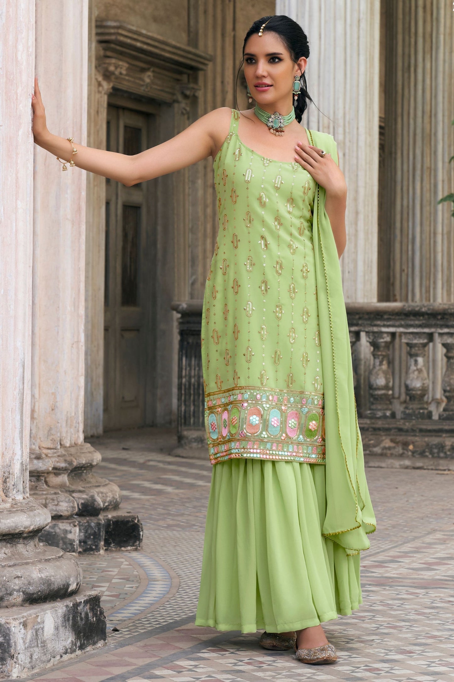 Green Georgette Sharara Suits - Thread & Sequence Embroidery Work