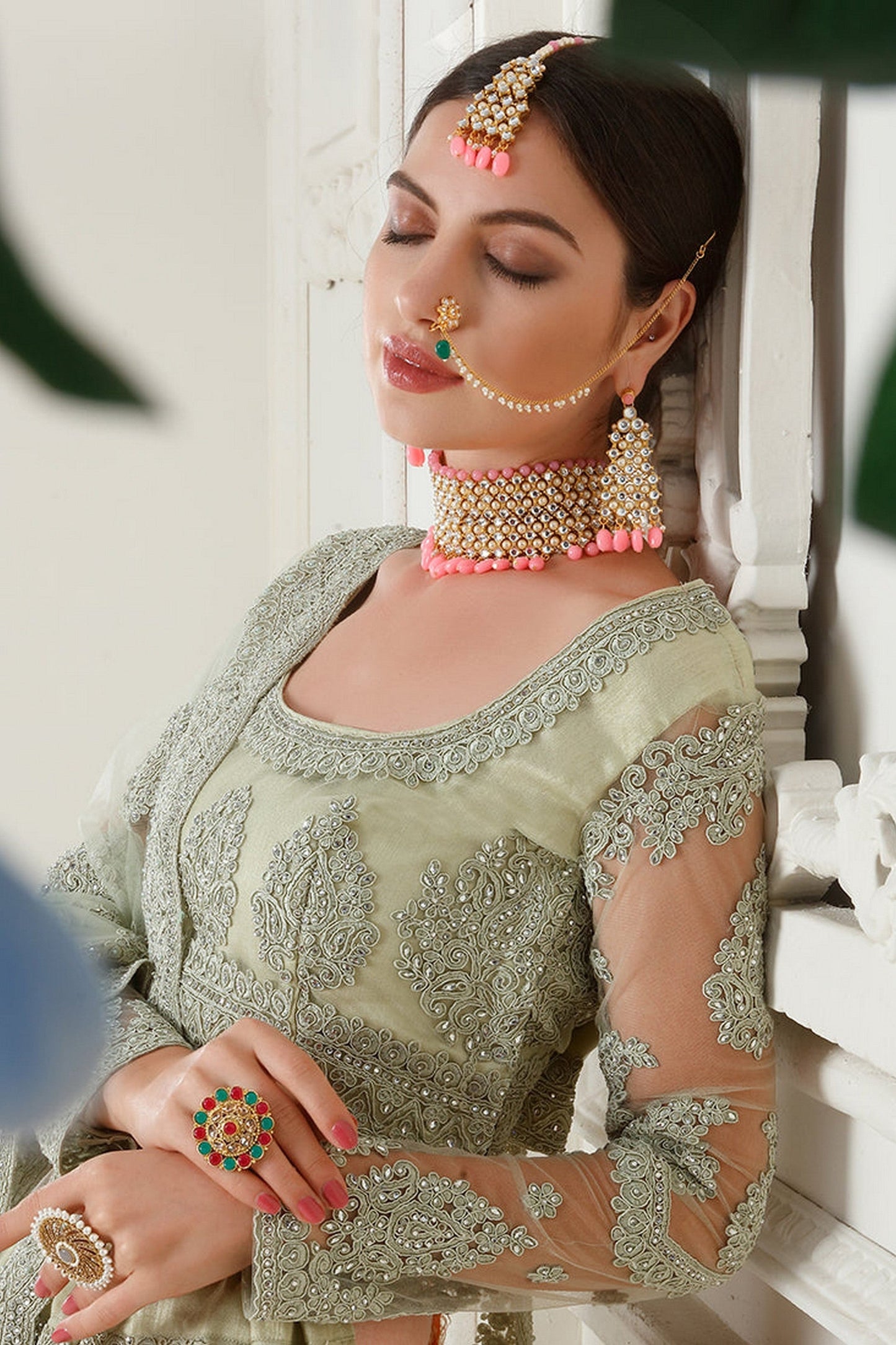 Light Green Net Lehenga Choli For Festivals & Weddings - Thread Embroidery Work, Codding Embroidery Work, Butta Work, Stone Work