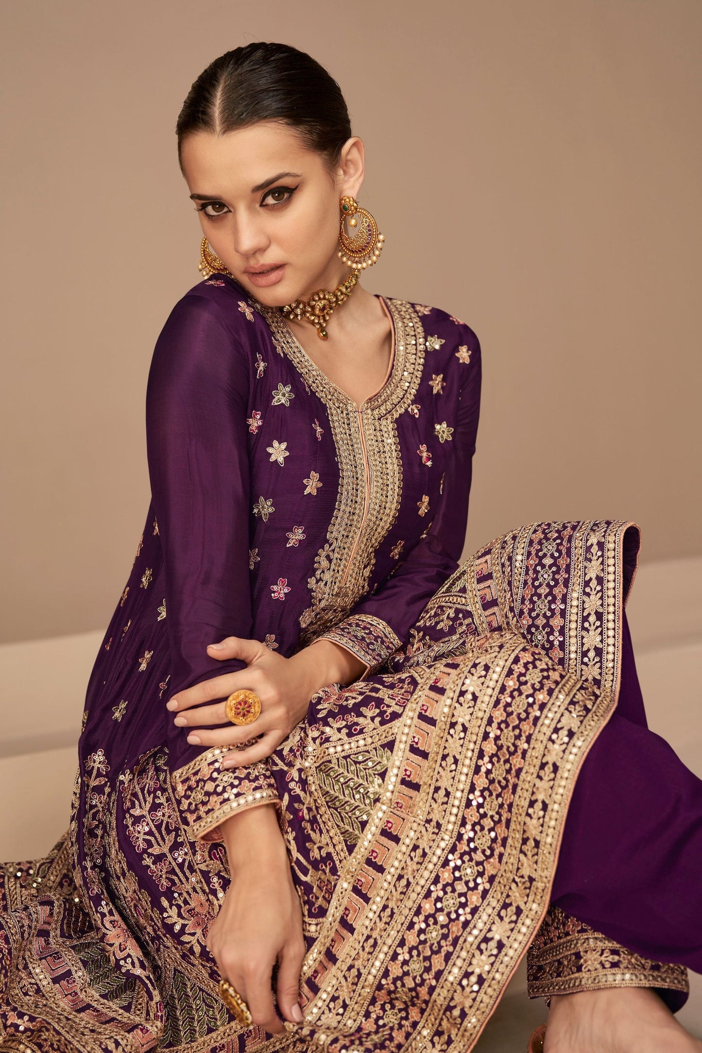 Maroon Chinon Silk salwar suit - Thread Embroidery Work