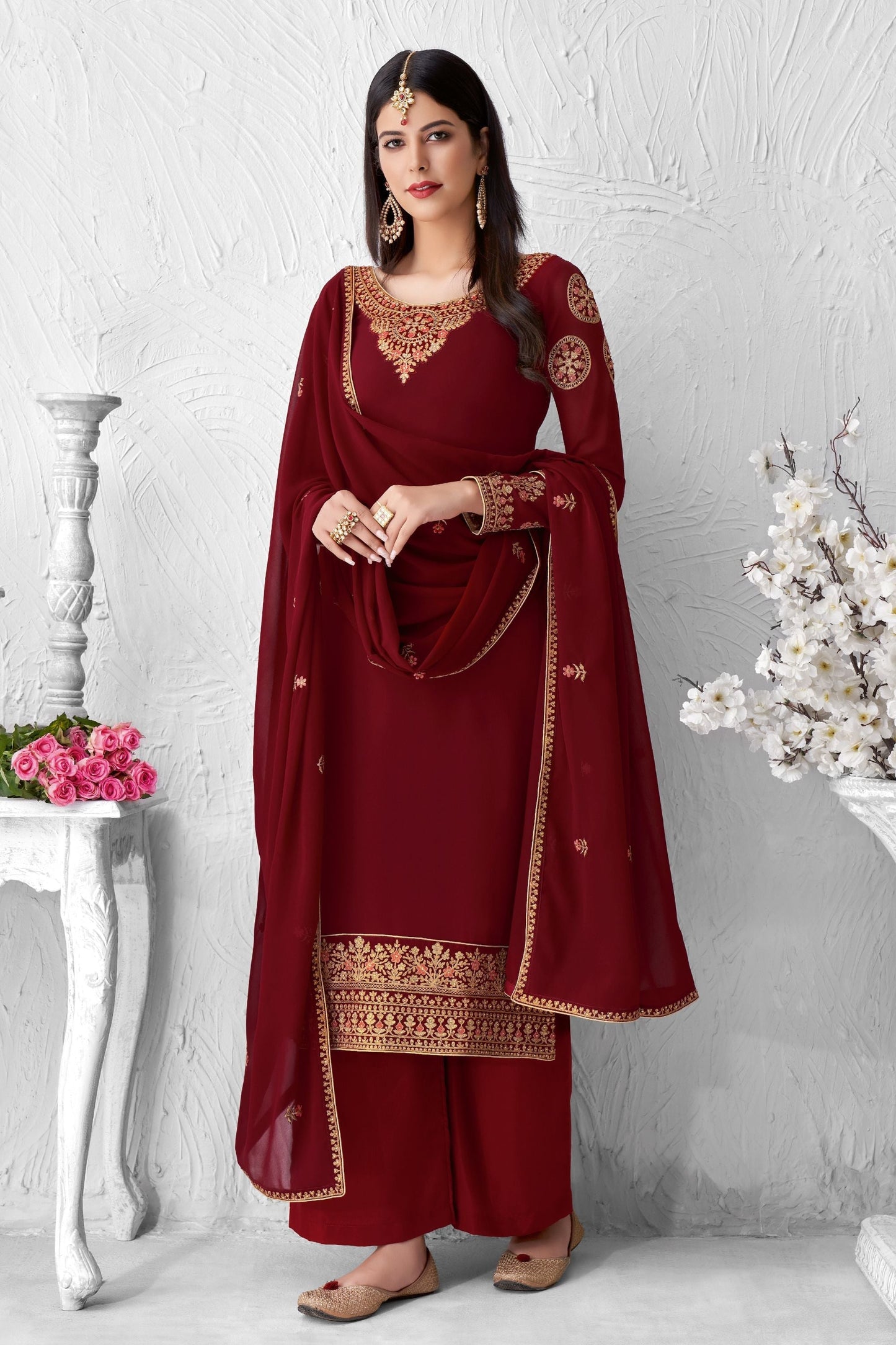 Pink Georgette Plazo Suit For Wedding & Festival - Embroidery Work