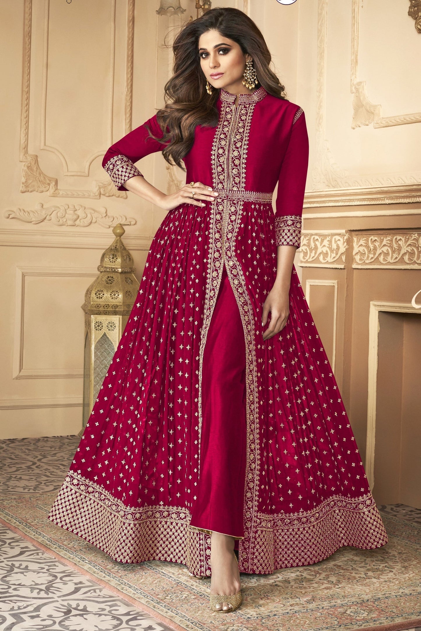 Pink Anarkali Gown Georgette Wedding Festival Partywear - Thread Embroidery Work