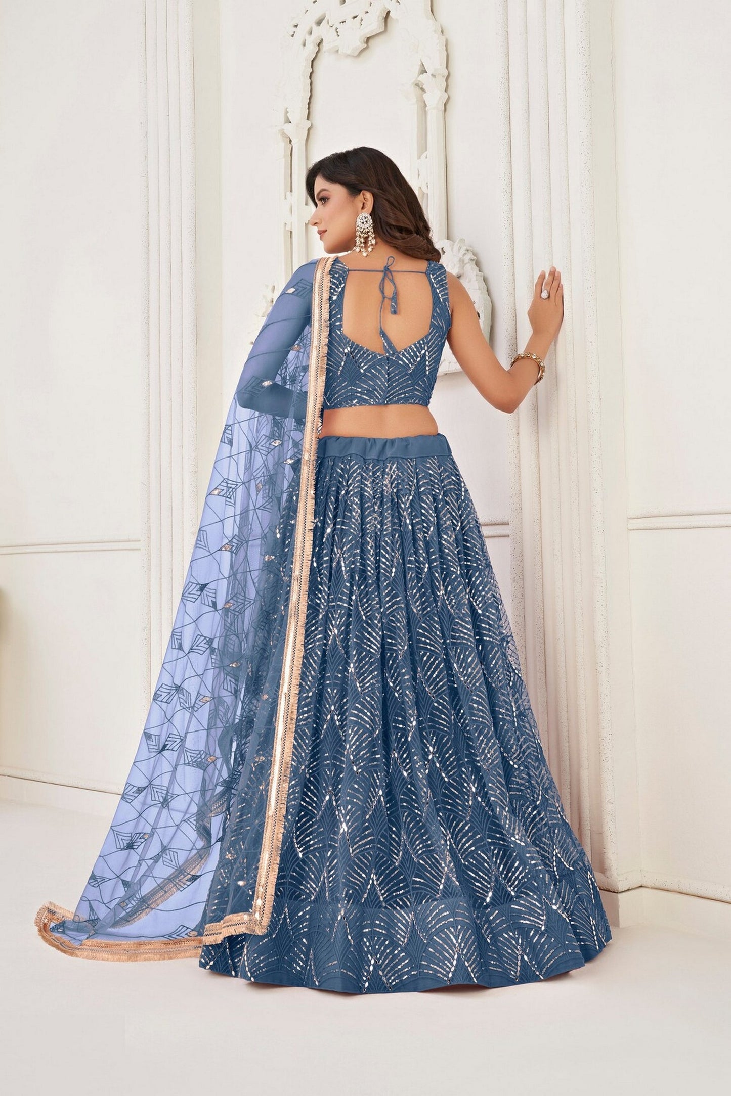 Steel Blue Net Embroidered Lehenga Choli For Festival & Weddings - Embroidery Work