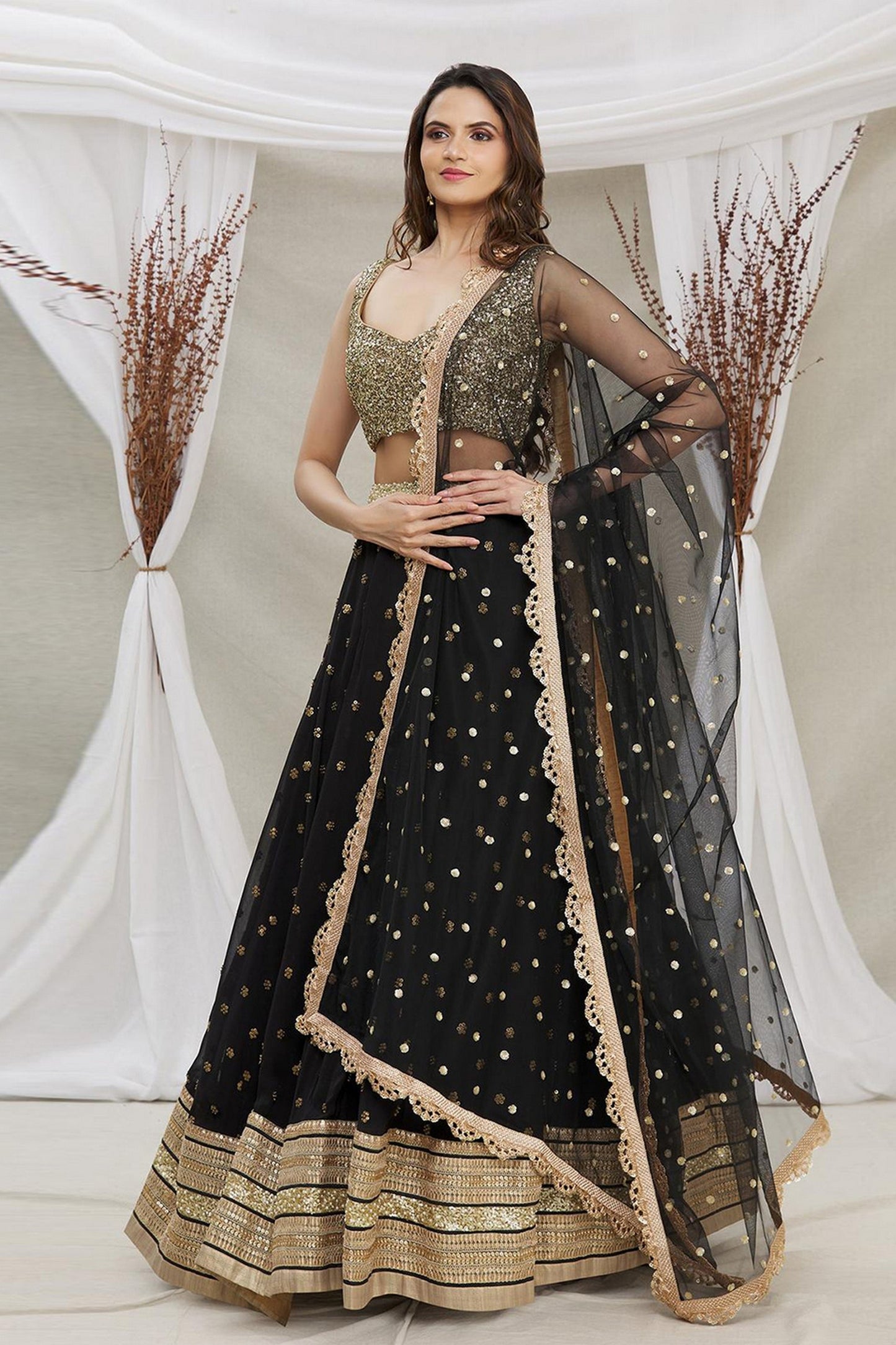 Black Georgette Lehenga Choli For Festivals & Weddings - Sequence Embroidery Work