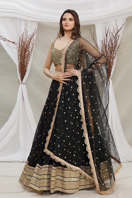 Black Georgette Lehenga Choli For Festivals & Weddings - Sequence Embroidery Work