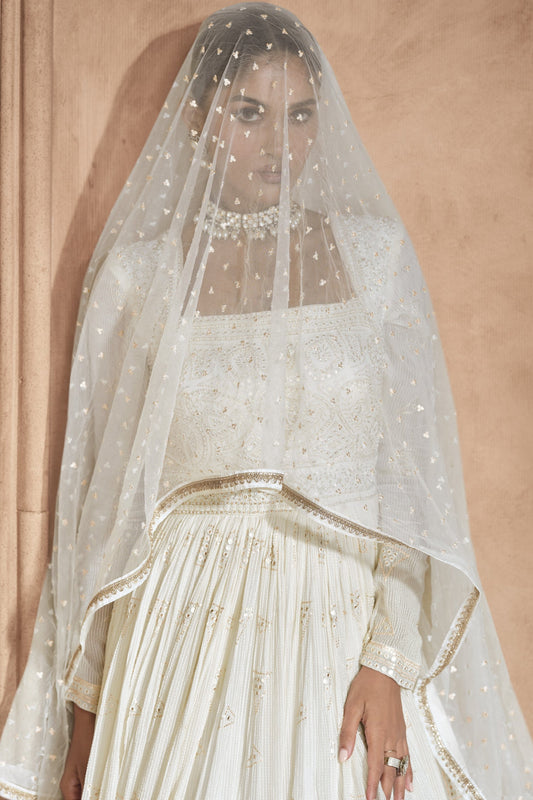 White Georgette Floor Full Length Anarkali Suit Dress For  Festivals & Weddings - Chikankari Embroidery Work