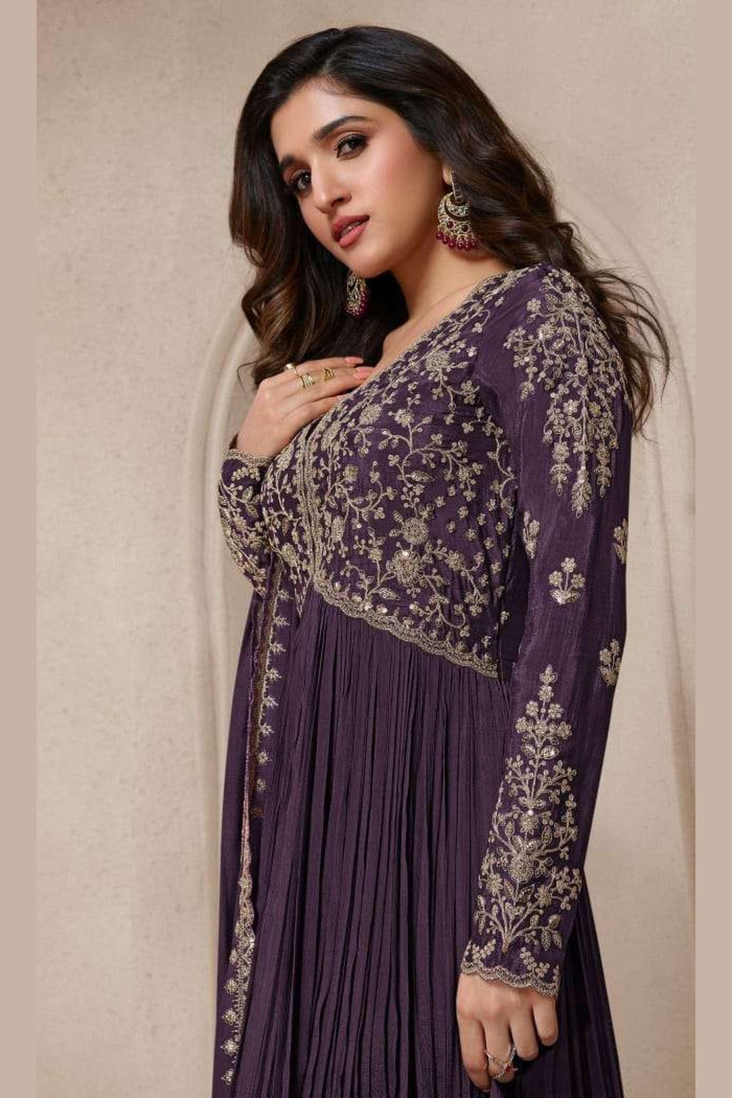 Wine Chinon Silk Anarkali Suit For  Festivals &  Weddings Dress - Embroidery Work