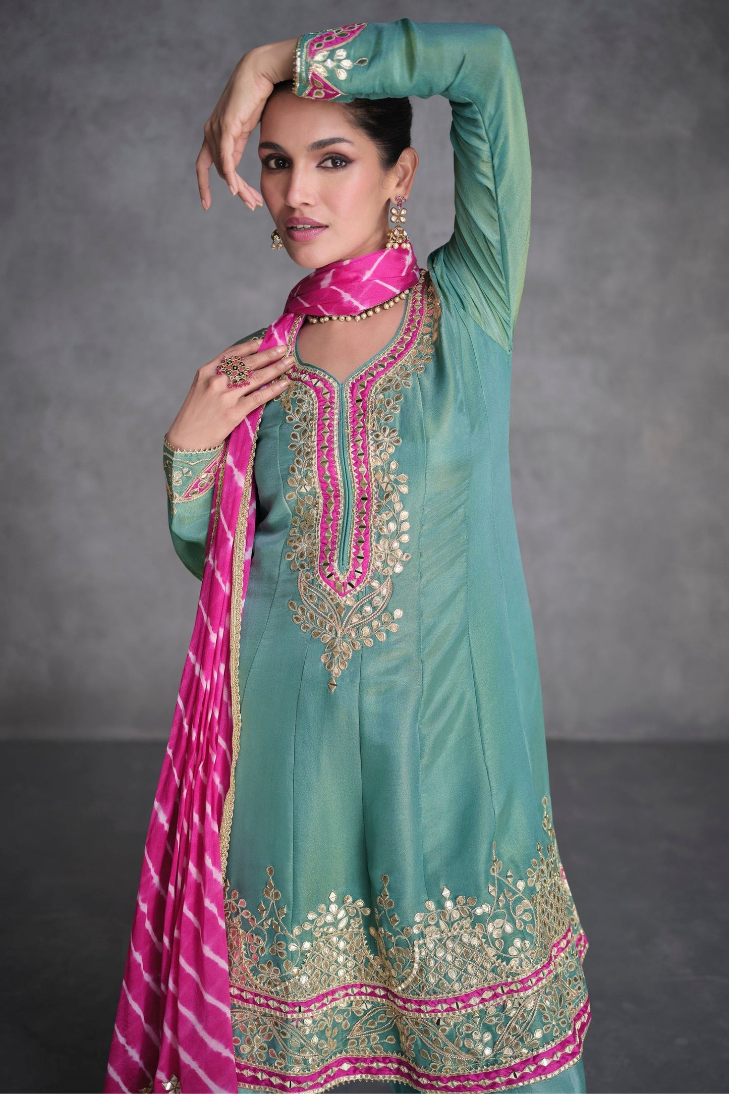 Green Organza Salwar suit - Embroidery Work