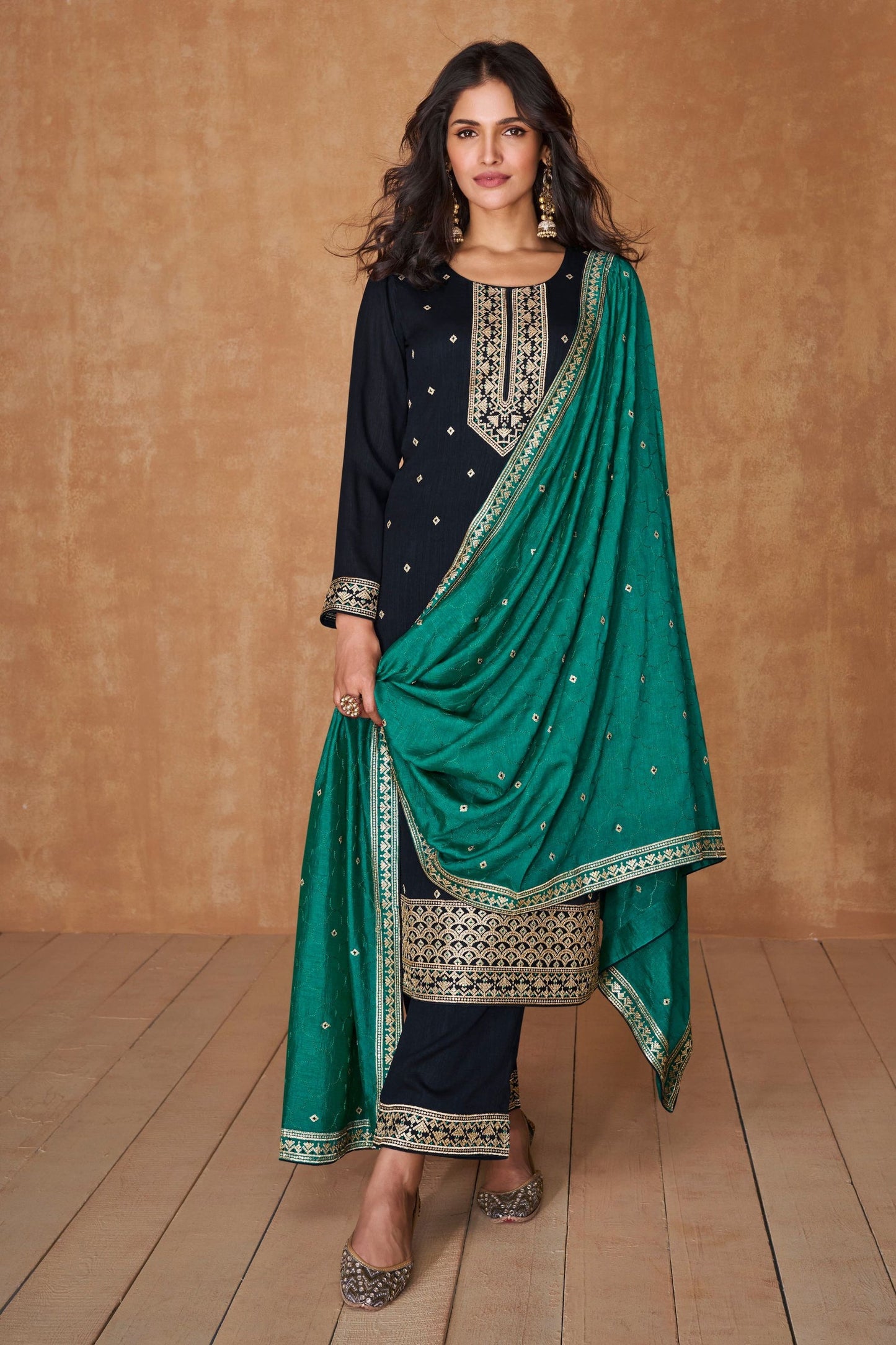 Navy Blue Silk Salwar suit - Thread Embroidery Work