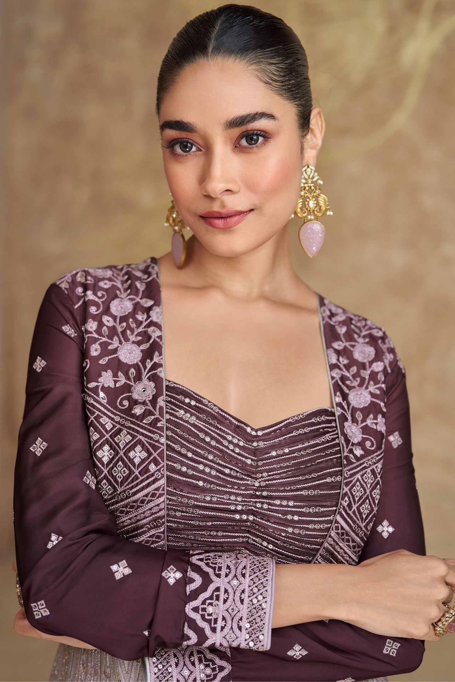 Dark Purple Chinon Silk Lengha Choli with Jacket For  Festivals &  Weddings Dress - Embroidery Work