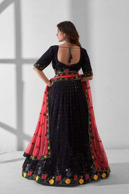 Black Georgette Flower Embroidered Lehenga Choli For Festivals & Weddings - Sequence Embroidery Work, Thread Embroidery Work