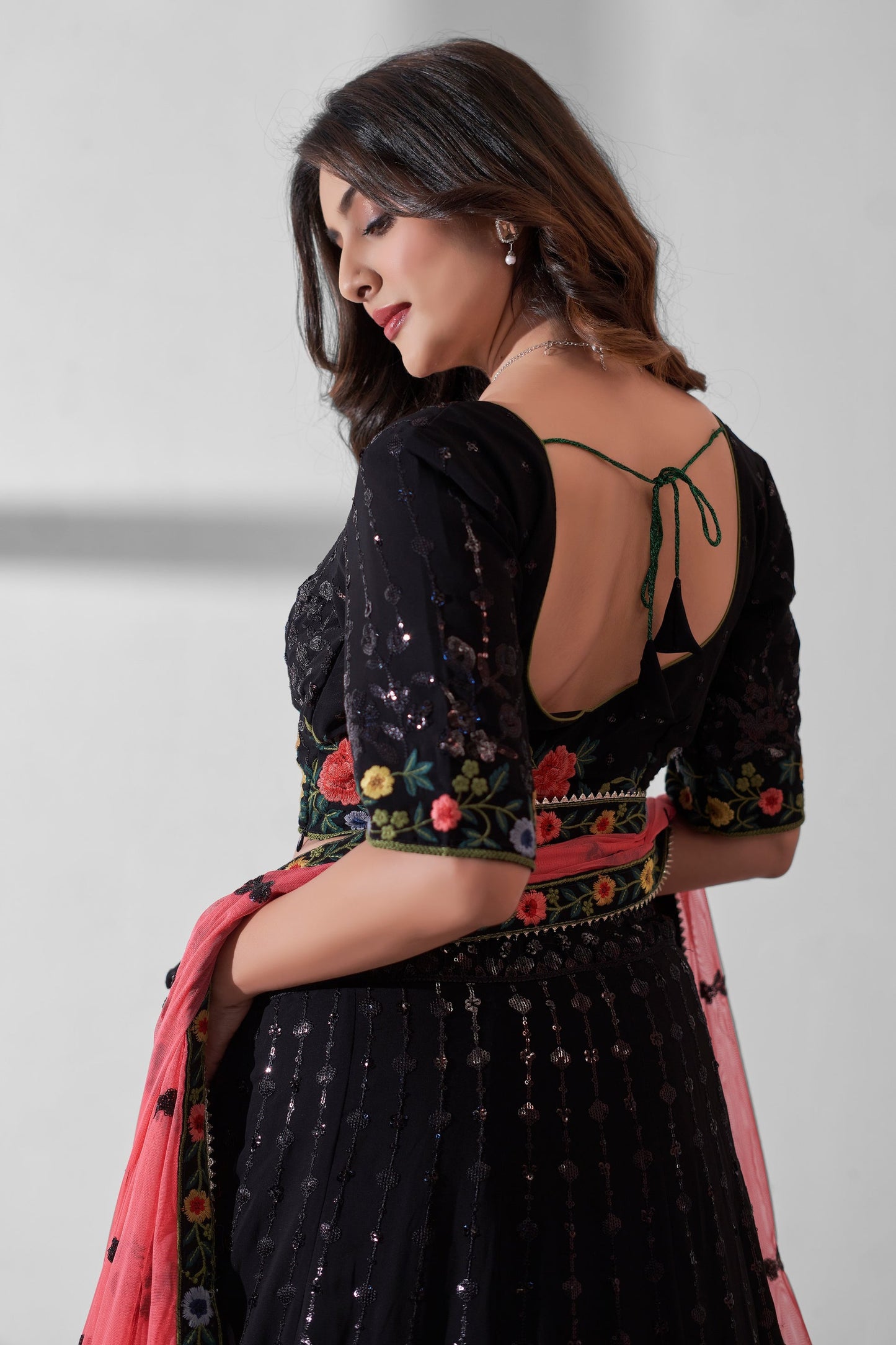 Black Georgette Flower Embroidered Lehenga Choli For Festivals & Weddings - Sequence Embroidery Work, Thread Embroidery Work